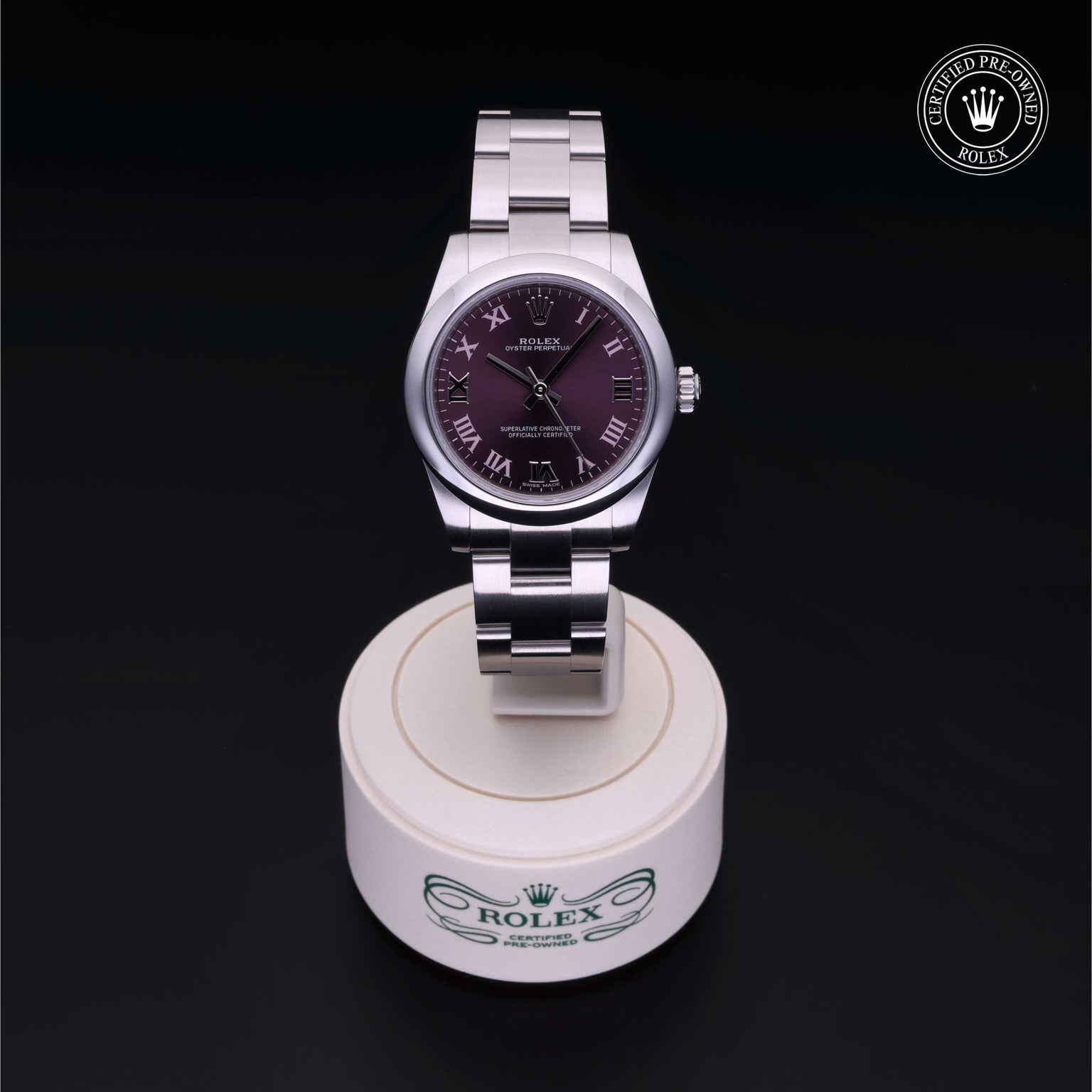 Rolex Certified Pre-owned Oyster Perpetual M177200-0017 front on black background