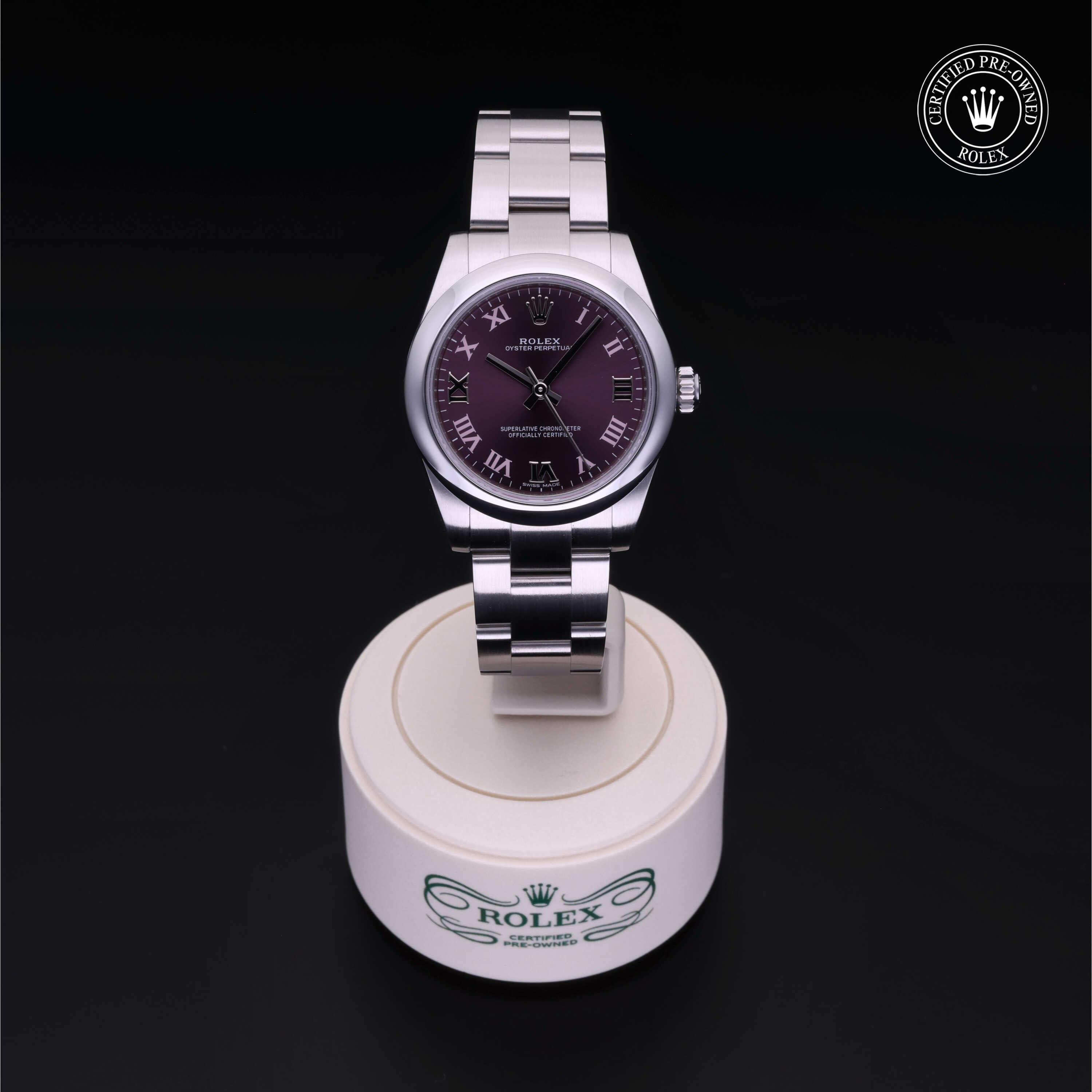 Rolex Certified Pre-owned Oyster Perpetual M177200-0017 front on black background