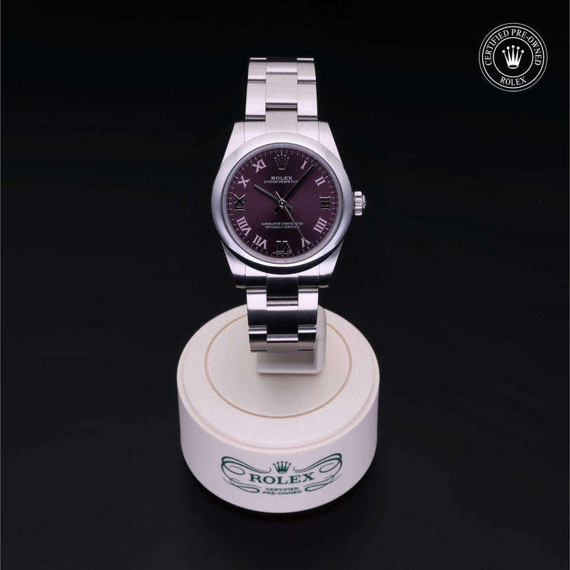 Rolex Certified Pre-owned Oyster Perpetual M177200-0017 front on black background