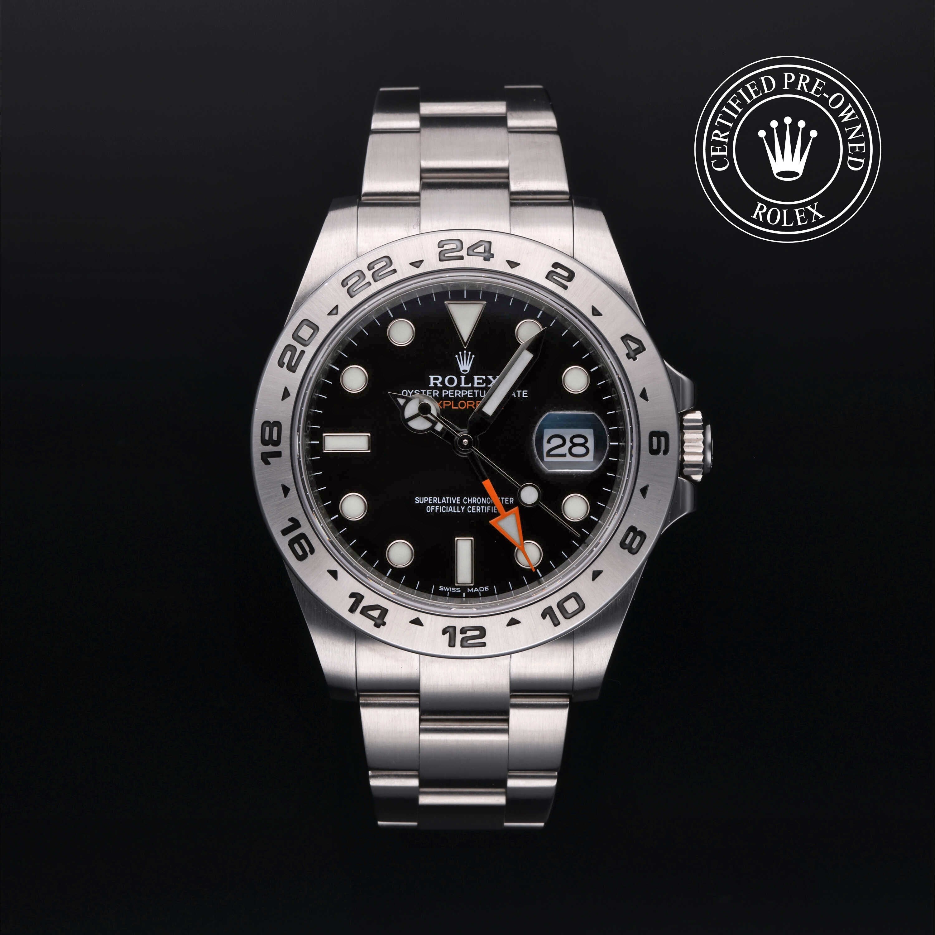 Rolex Certified Pre-owned Explorer M216570-0002 front on black background