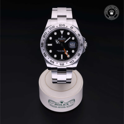 Rolex Certified Pre-owned Explorer M216570-0002 front on black background