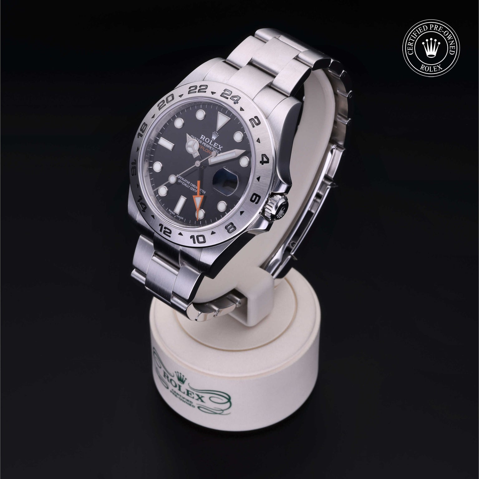 Rolex Certified Pre-owned Explorer M216570-0002 front on black background