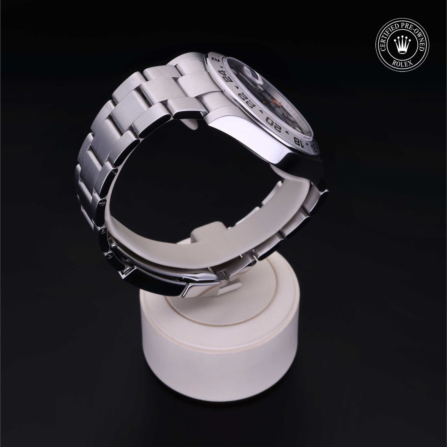 Rolex Certified Pre-owned Explorer M216570-0002 front on black background