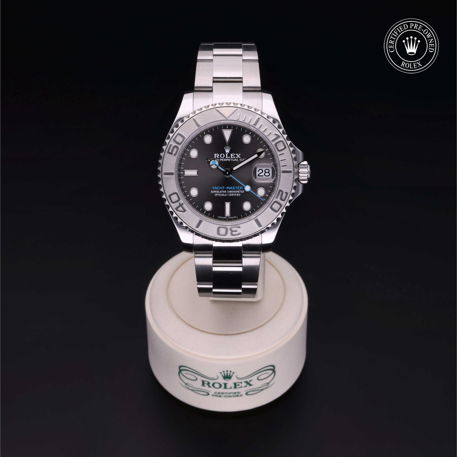 Rolex Certified Pre-owned Yacht-Master M268622-0002 front on black background