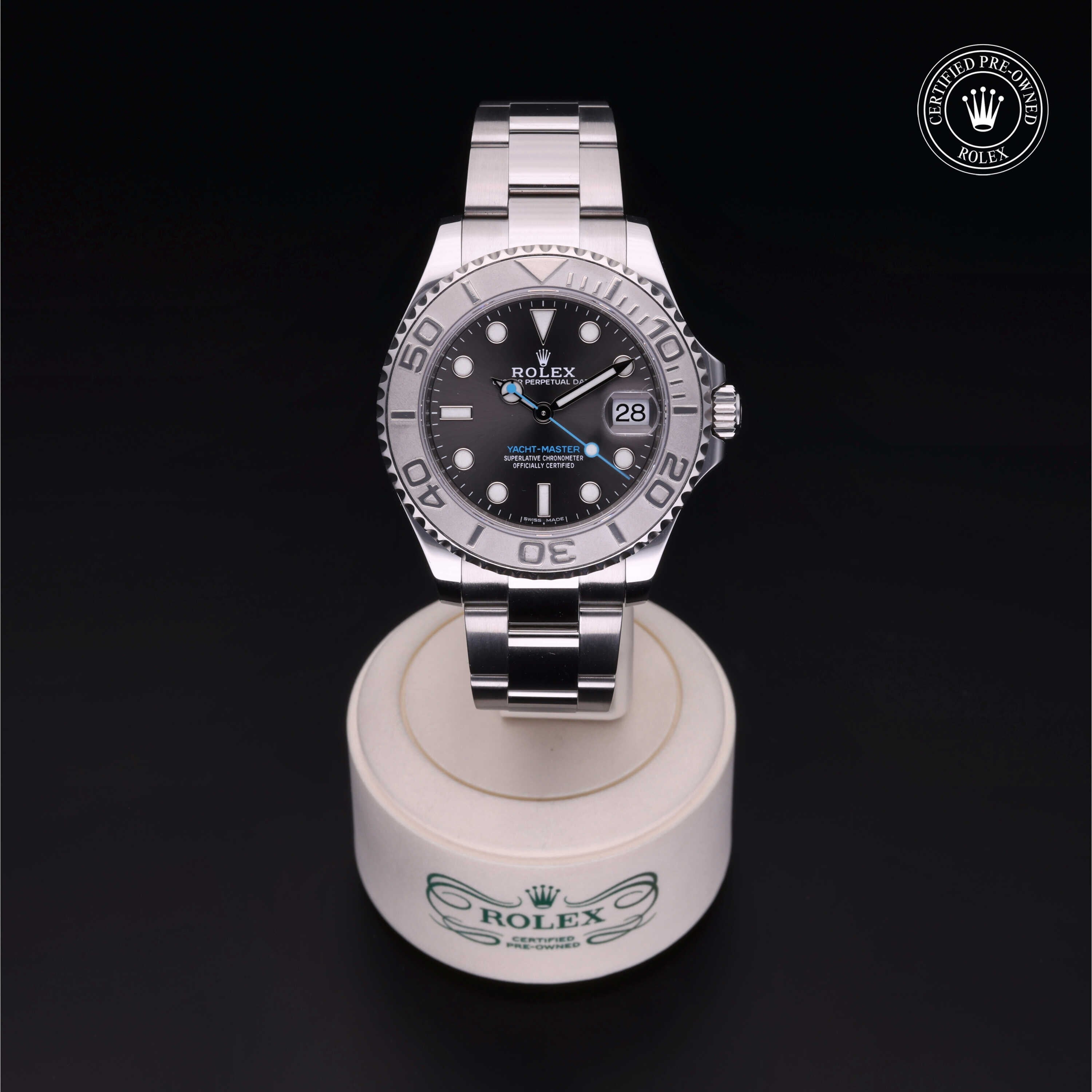Rolex Certified Pre-owned Yacht-Master M268622-0002 front on black background