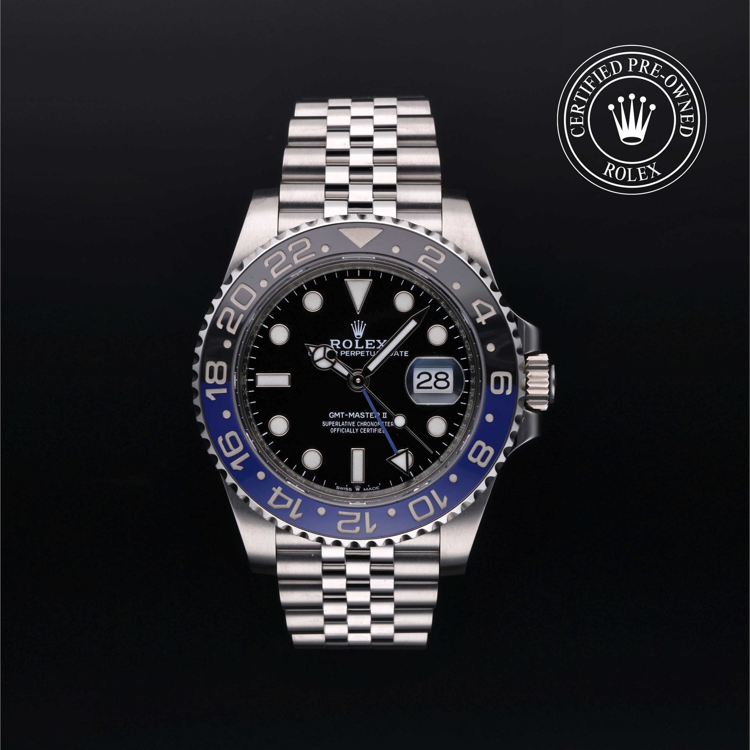 Rolex Certified Pre-owned GMT M126710BLNR-0002 front on black background