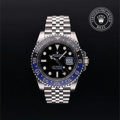 Rolex Certified Pre-owned GMT M126710BLNR-0002 front on black background