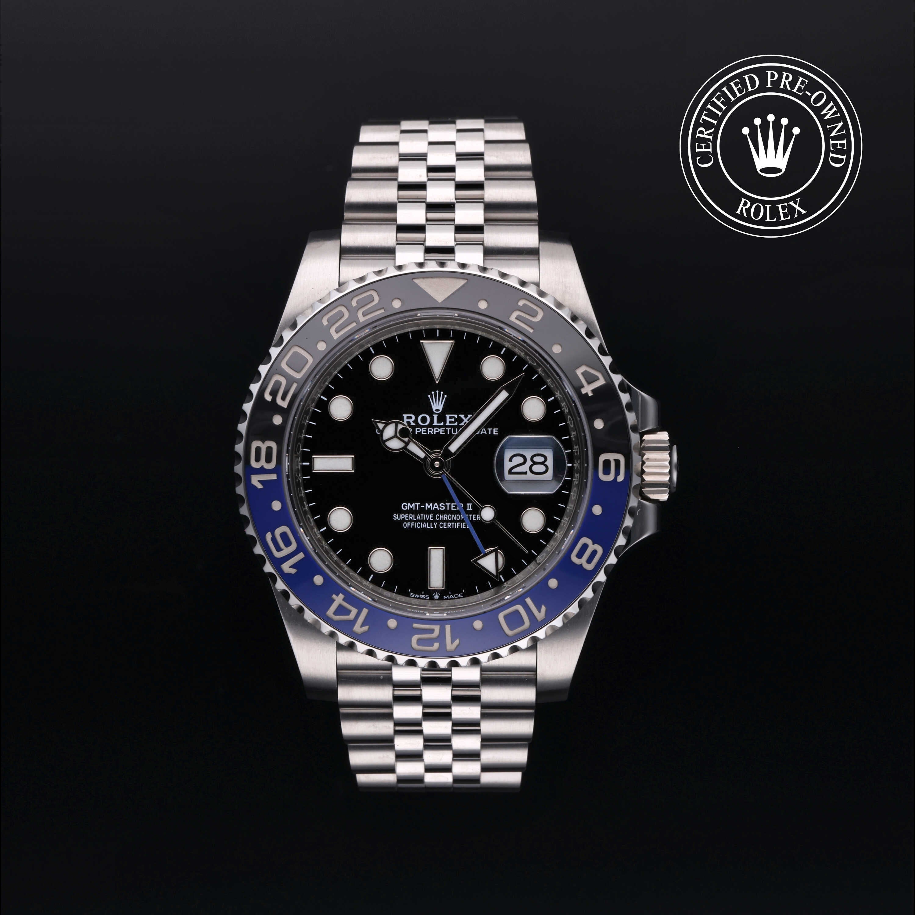 Rolex Certified Pre-owned GMT M126710BLNR-0002 front on black background