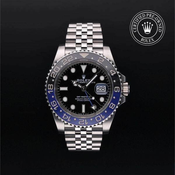 Rolex Certified Pre-owned GMT M126710BLNR-0002 front on black background