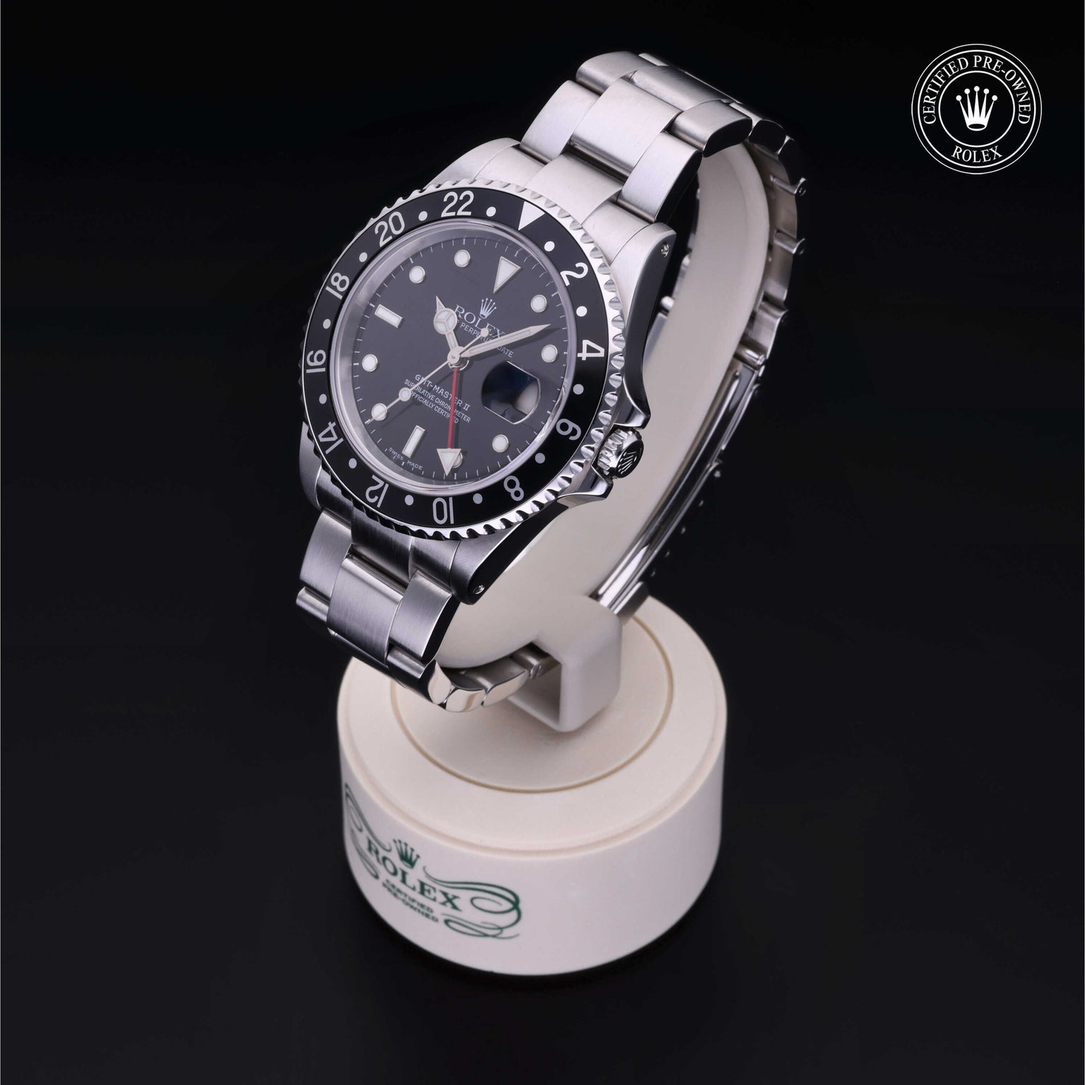 Rolex Certified Pre-owned GMT II M16710LN-0004 front on black background