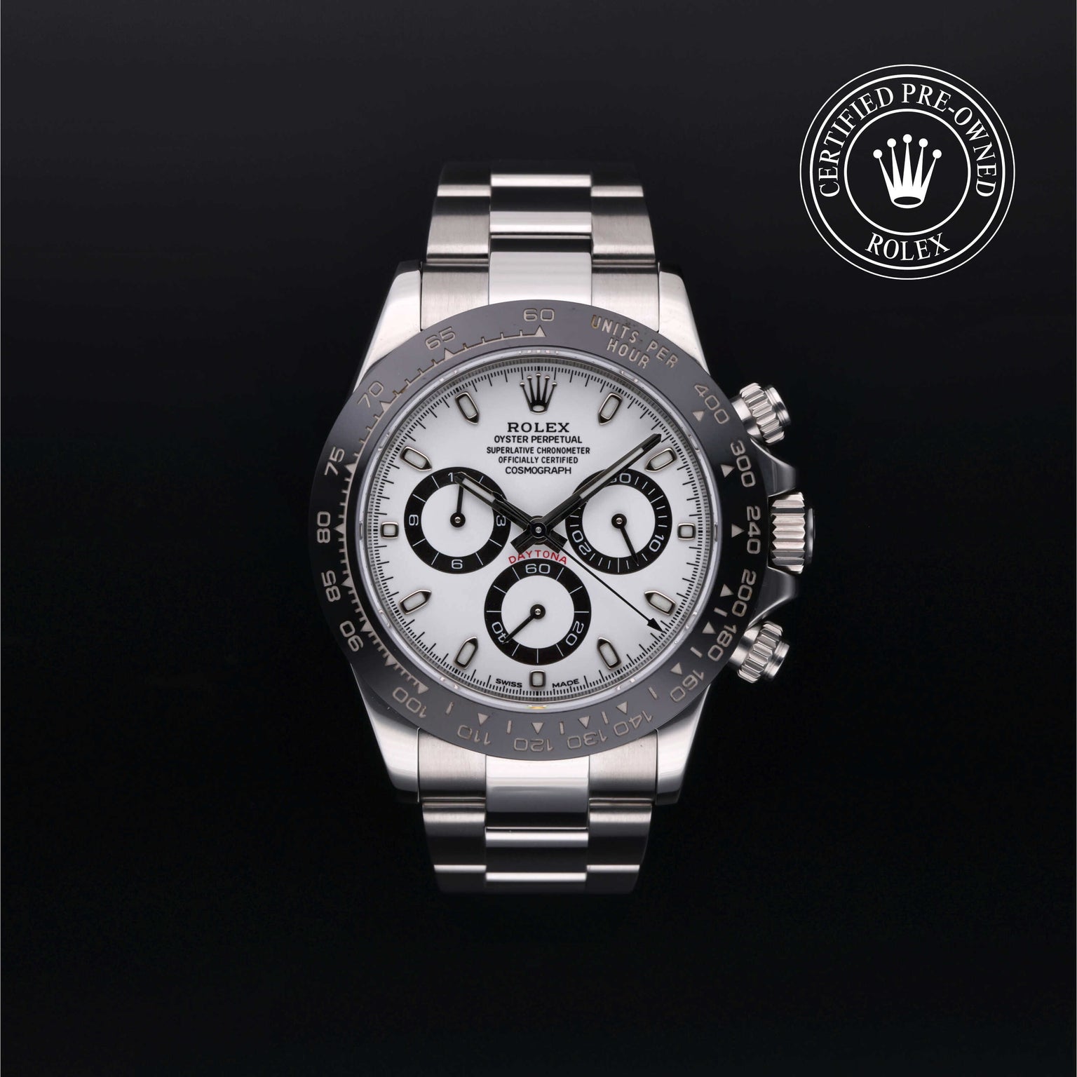 Rolex Certified Pre-owned Daytona M116500LN-0001 front on black background
