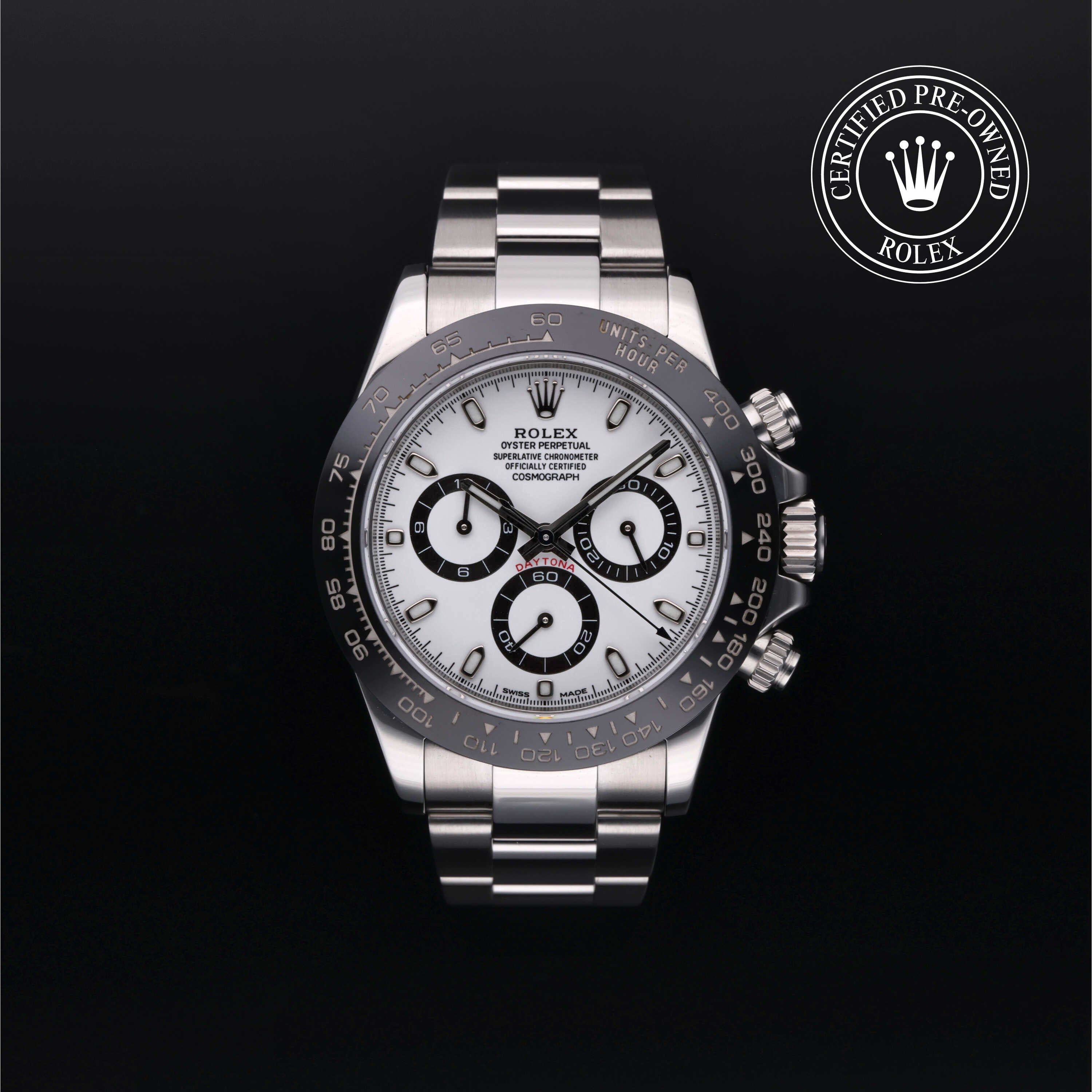 Rolex Certified Pre-owned Daytona M116500LN-0001 front on black background