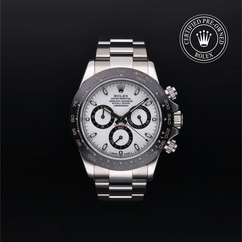 Rolex Certified Pre-owned Daytona M116500LN-0001 front on black background