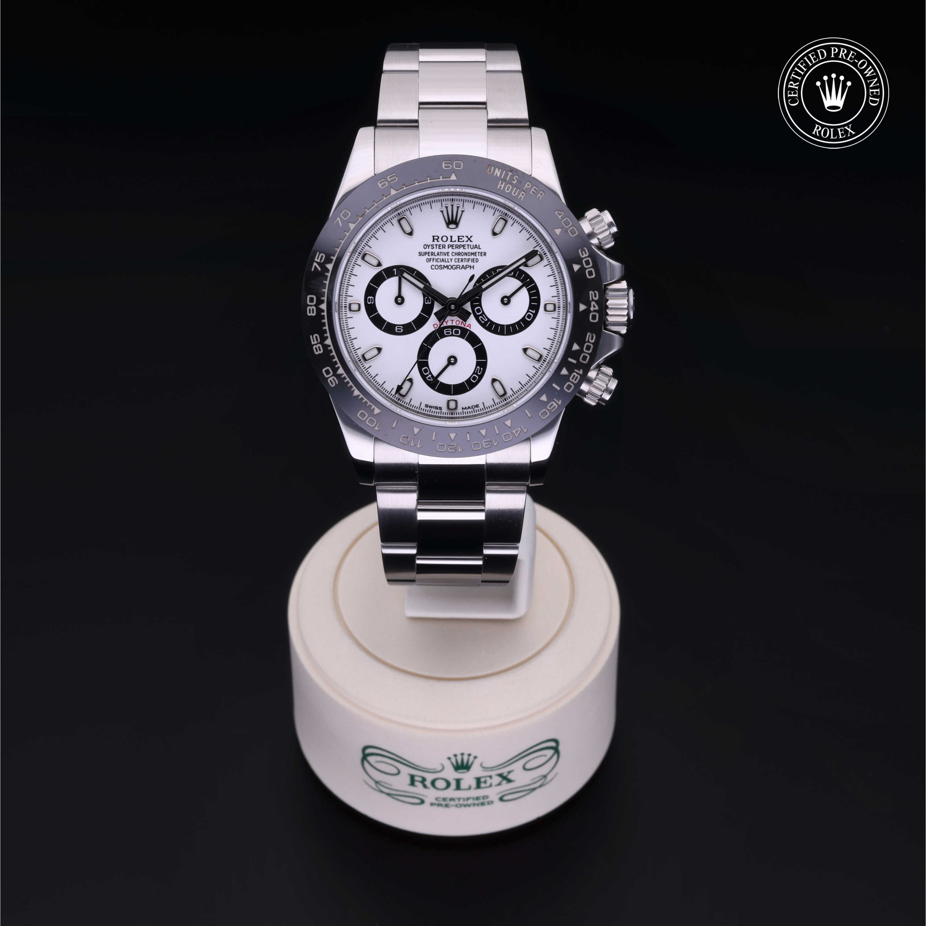 Rolex Certified Pre-owned Daytona M116500LN-0001 front on black background
