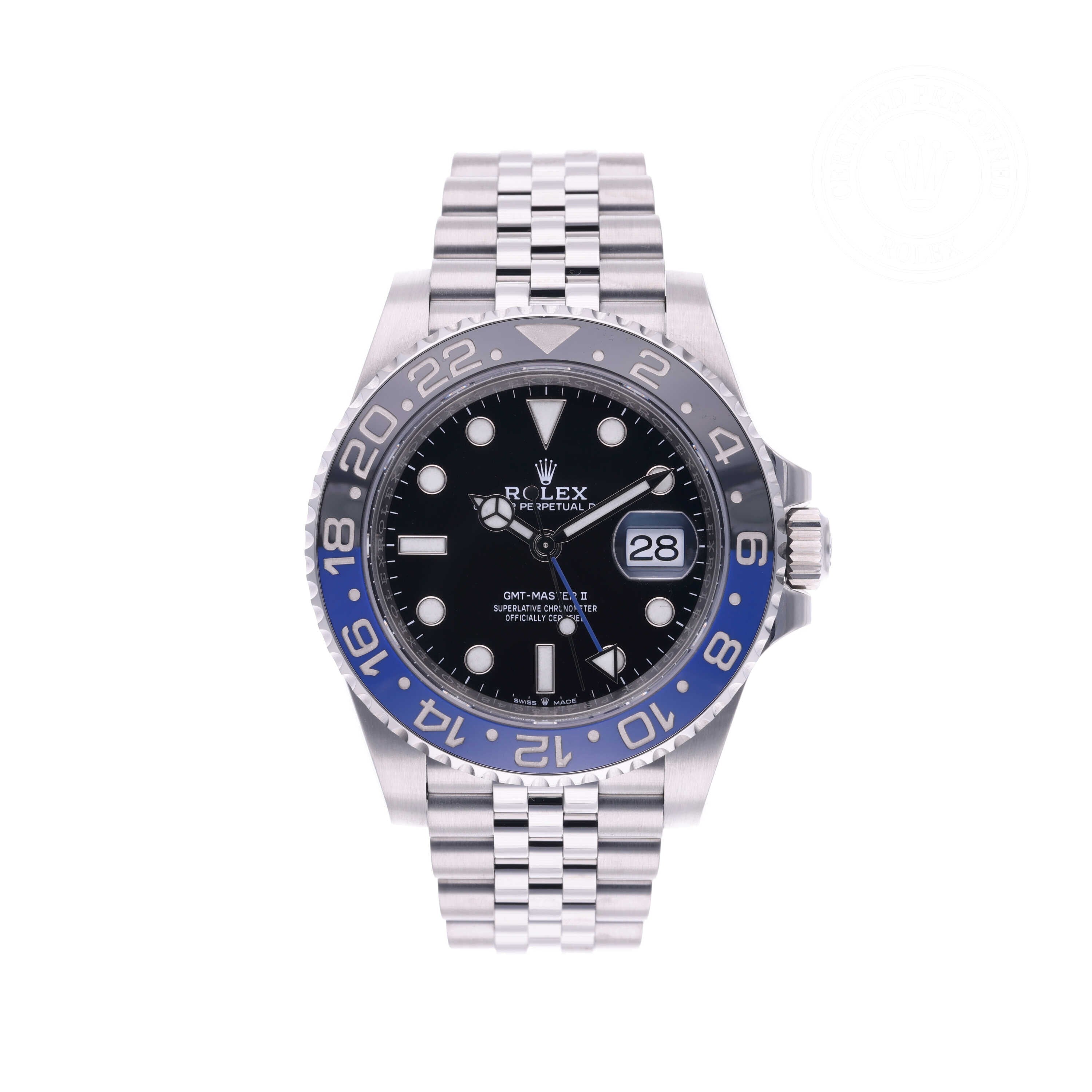 Rolex Certified Pre-owned GMT M126710BLNR-0002 front on white background