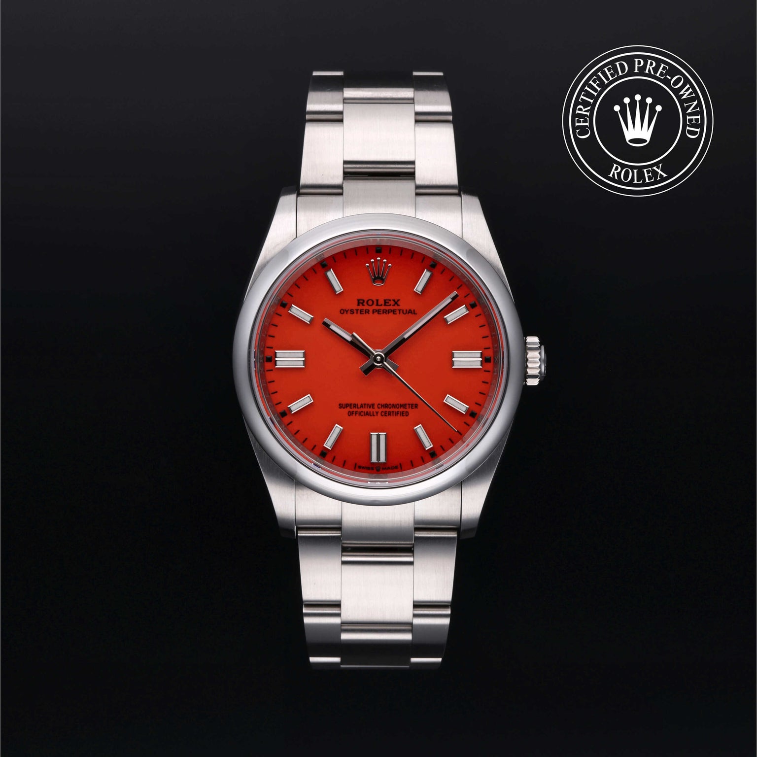 Rolex Certified Pre-owned Oyster Perpetual M126000-0007 front on black background
