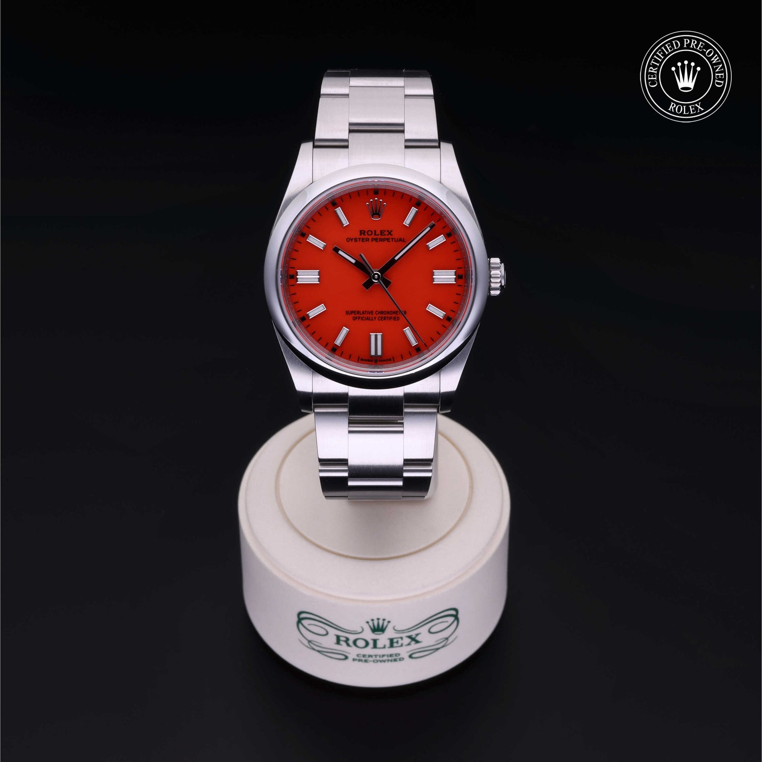 Rolex Certified Pre-owned Oyster Perpetual M126000-0007 front on black background