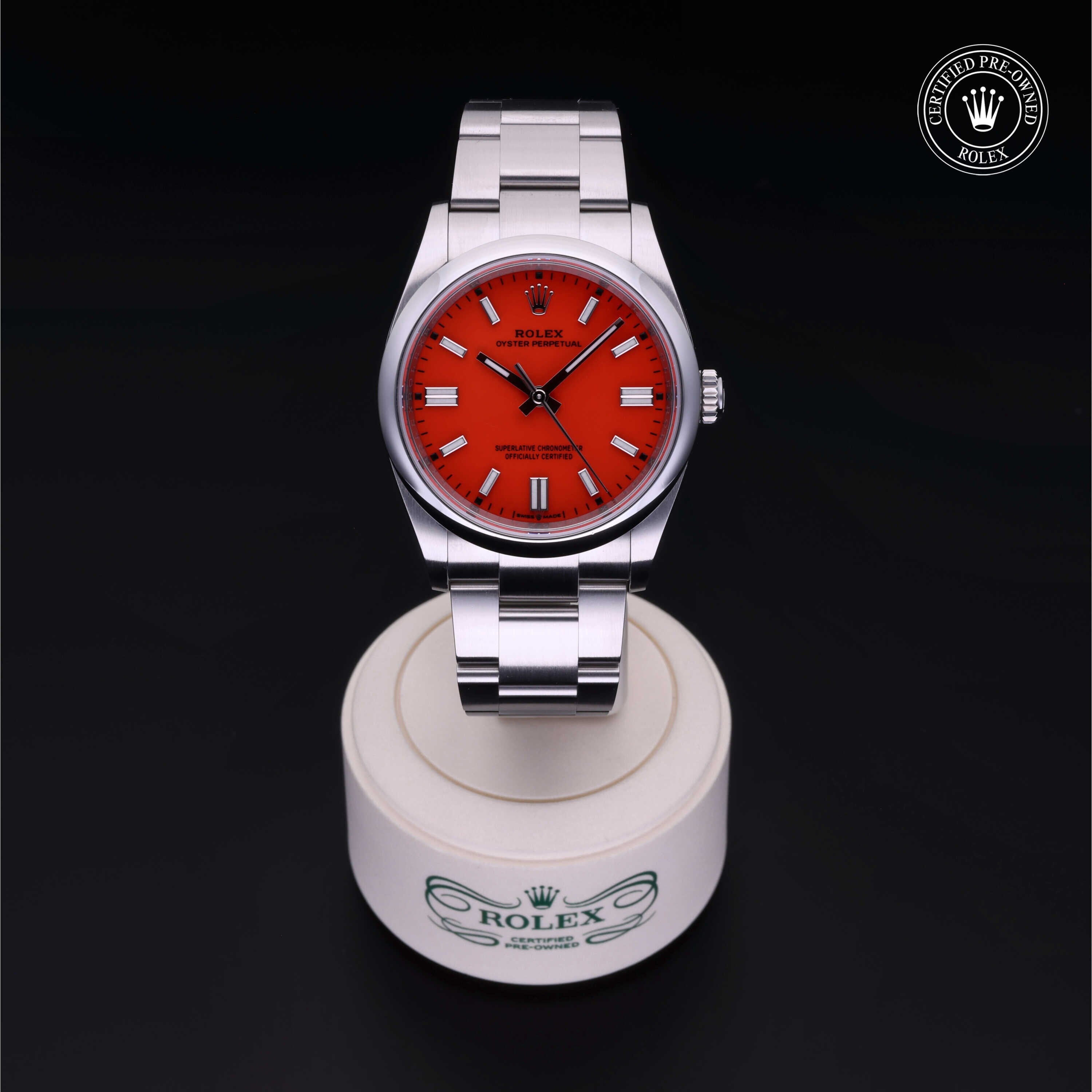 Rolex Certified Pre-owned Oyster Perpetual M126000-0007 front on black background