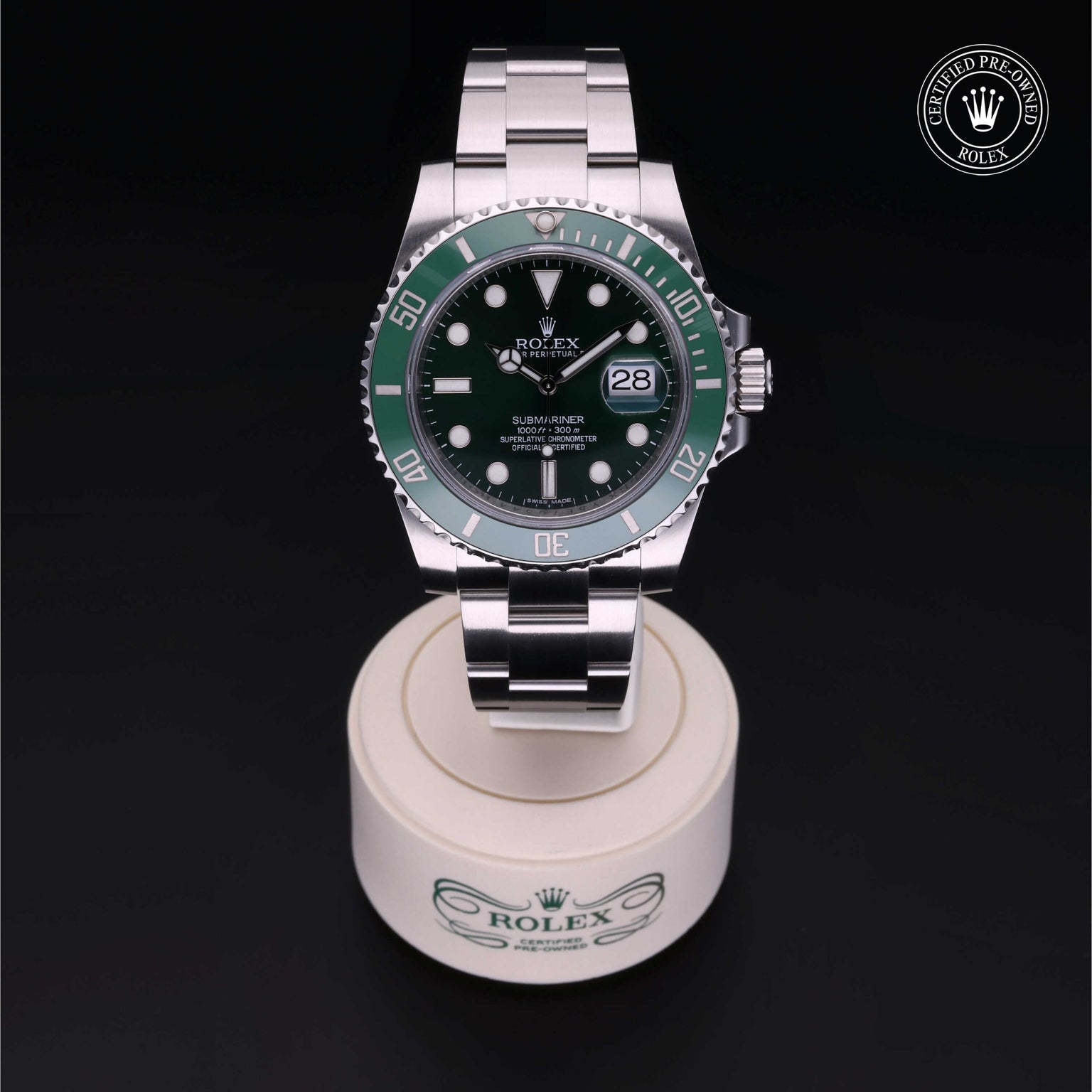 Rolex Certified Pre-owned Submariner M116610LV-0002 front on black background