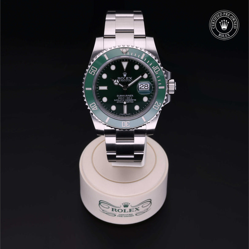 Rolex Certified Pre-owned Submariner M116610LV-0002 front on black background