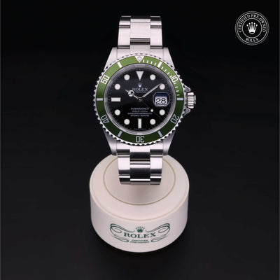 Rolex Certified Pre-owned Submariner Date M16610LV-0002 front on black background