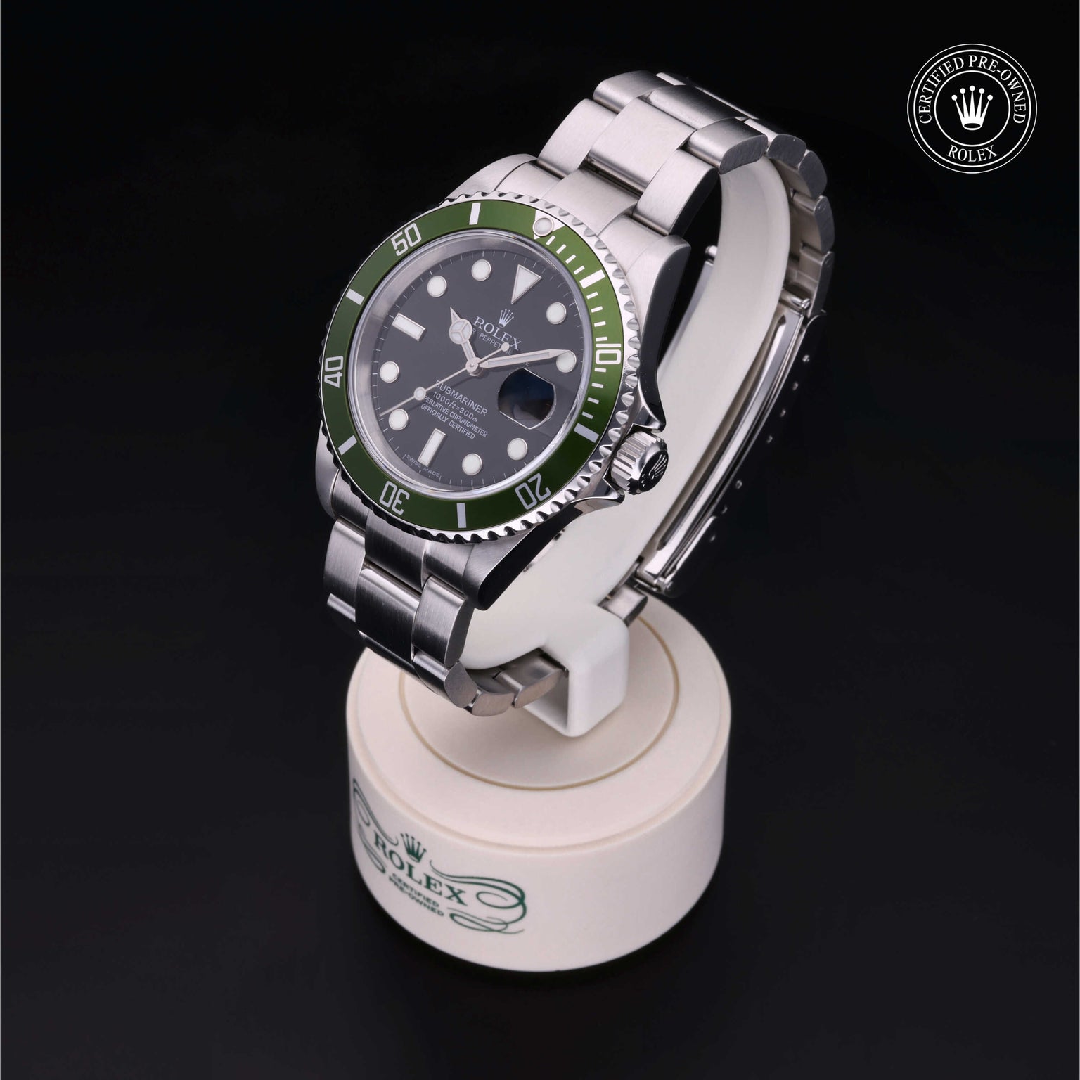Rolex Certified Pre-owned Submariner Date M16610LV-0002 front on black background