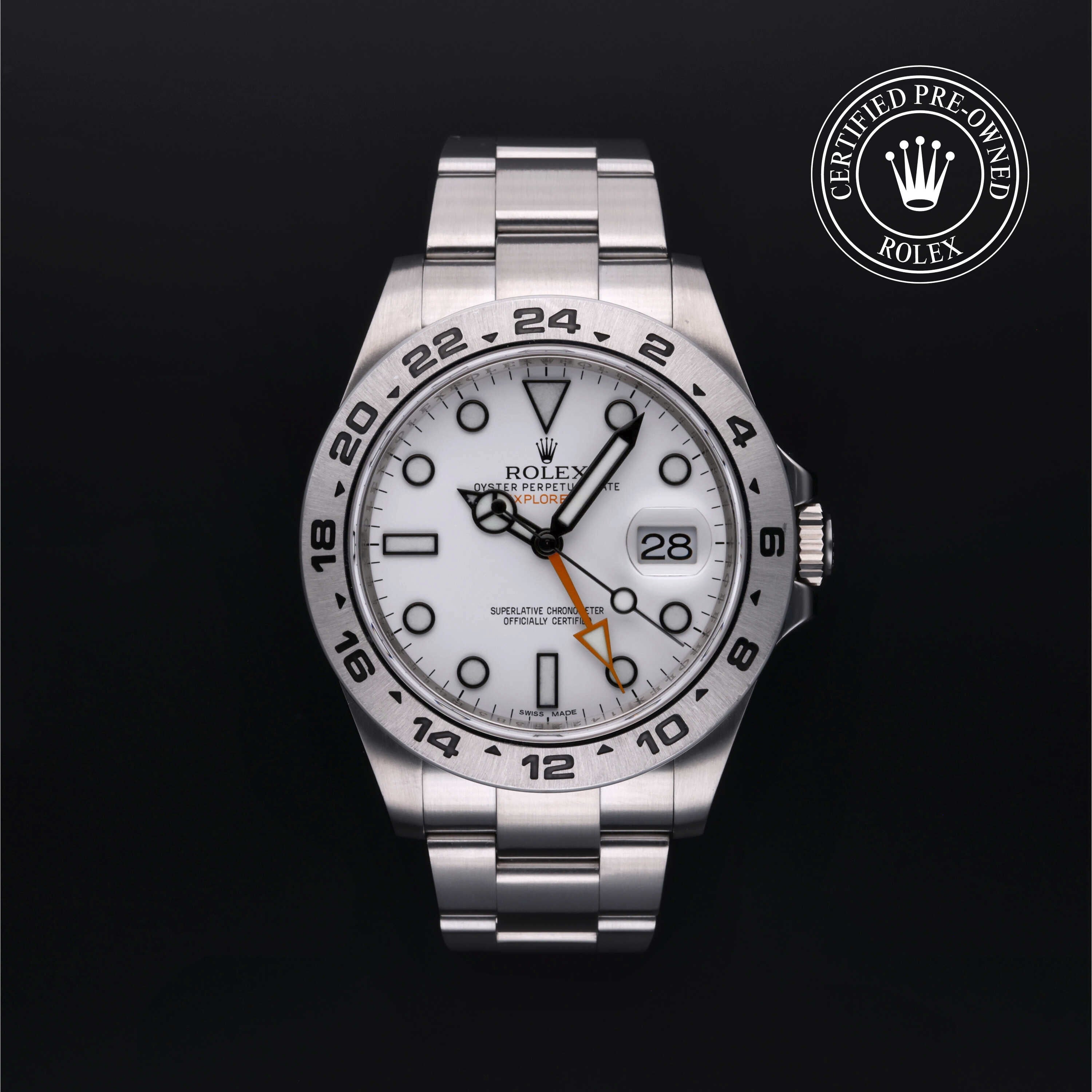 Rolex Certified Pre-owned Explorer M216570-0001 front on black background