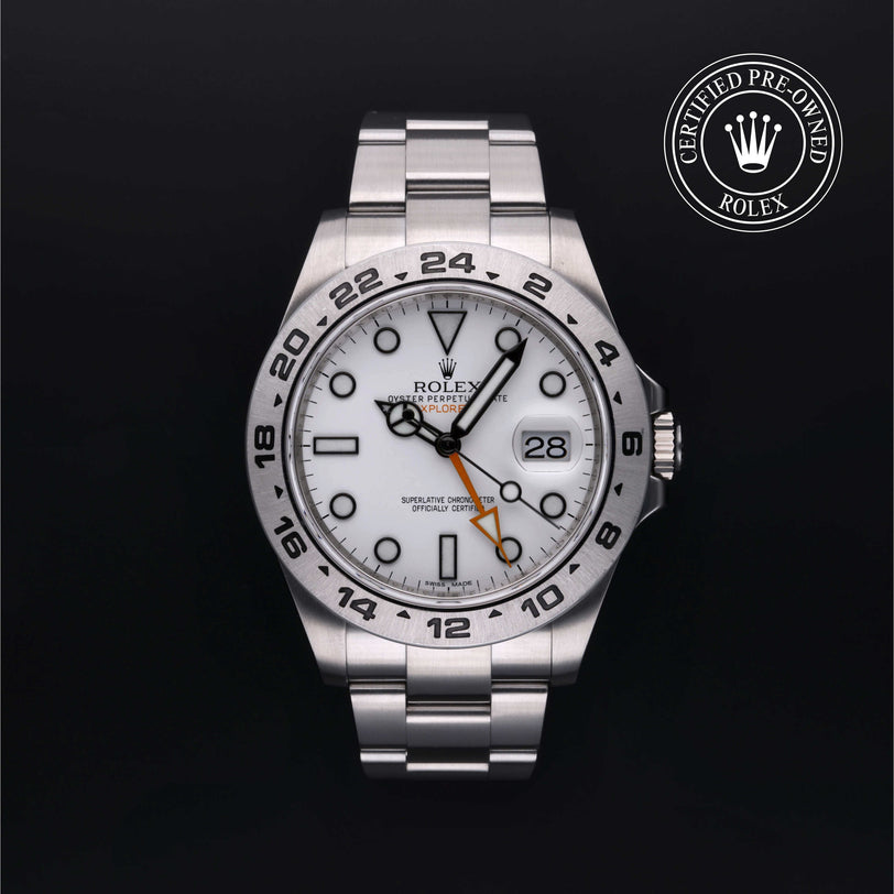 Rolex Certified Pre-owned Explorer M216570-0001 front on black background