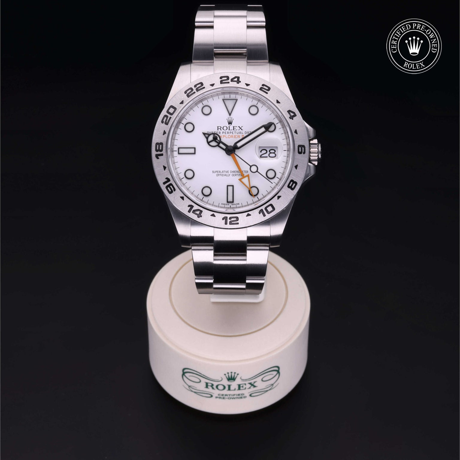 Rolex Certified Pre-owned Explorer M216570-0001 front on black background