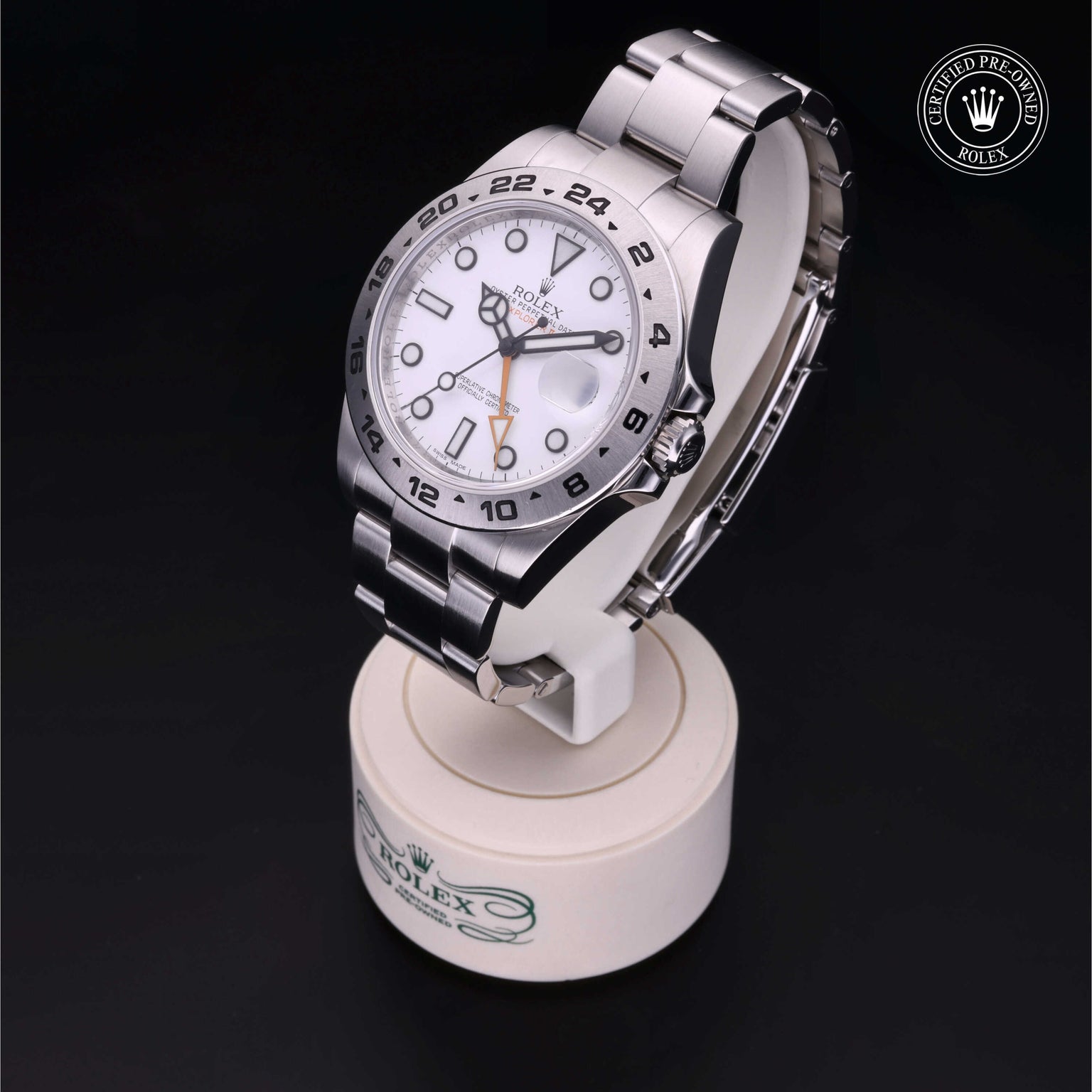 Rolex Certified Pre-owned Explorer M216570-0001 front on black background
