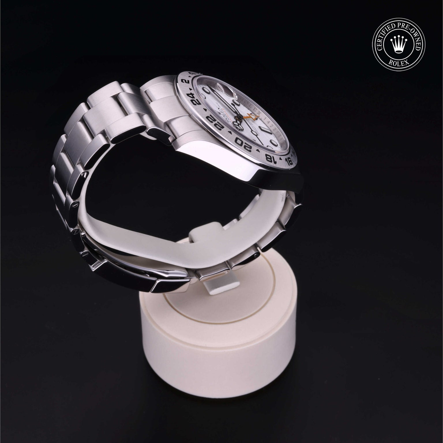 Rolex Certified Pre-owned Explorer M216570-0001 front on black background