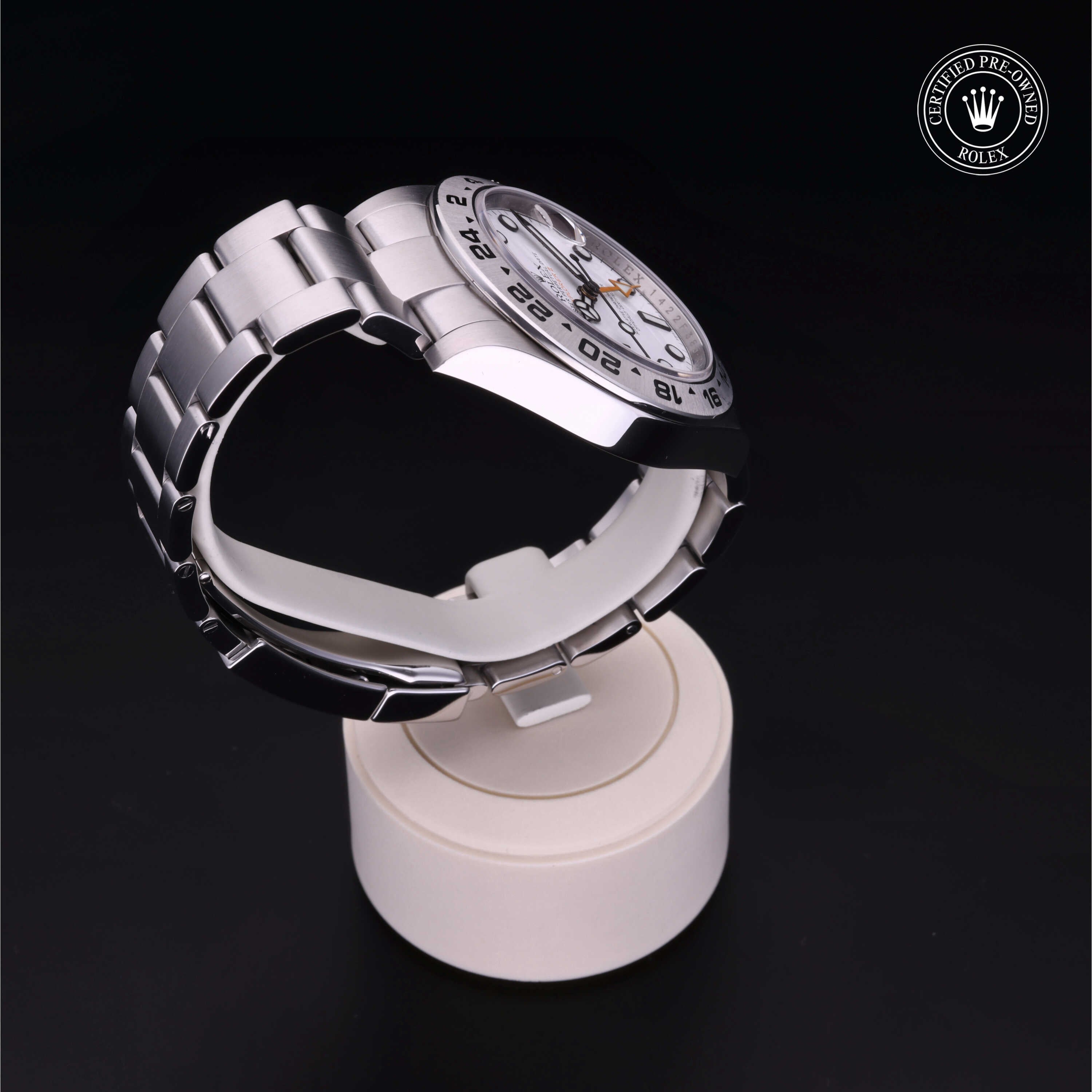 Rolex Certified Pre-owned Explorer M216570-0001 front on black background