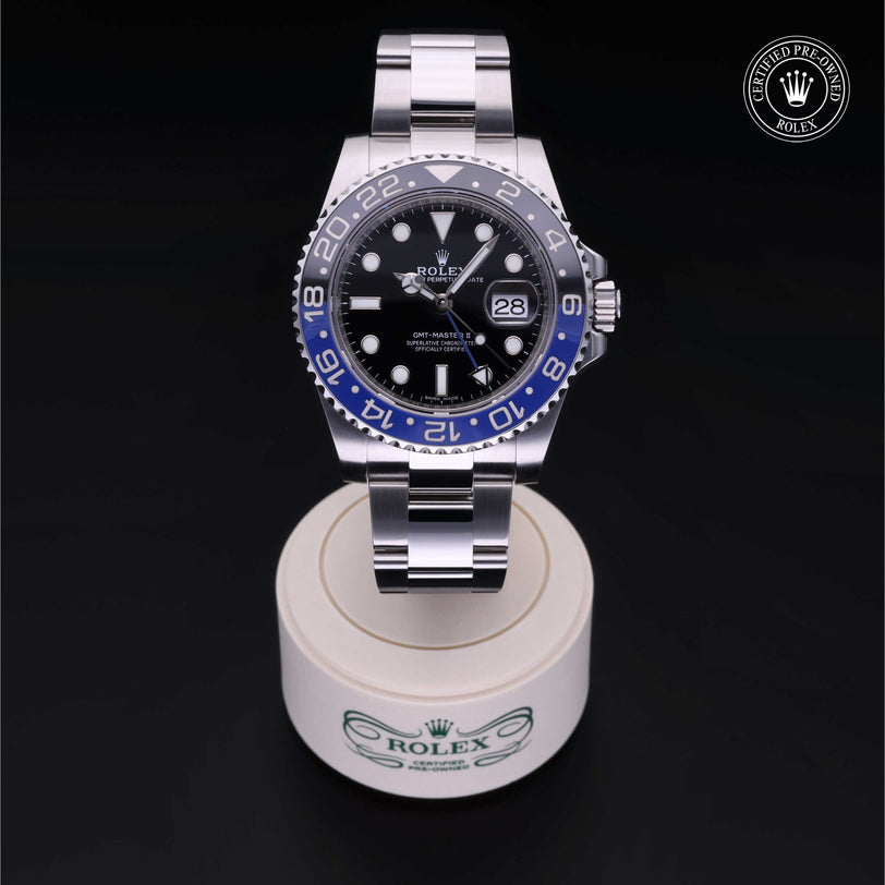 Rolex Certified Pre-owned GMT M116710BLNR-0002 front on black background