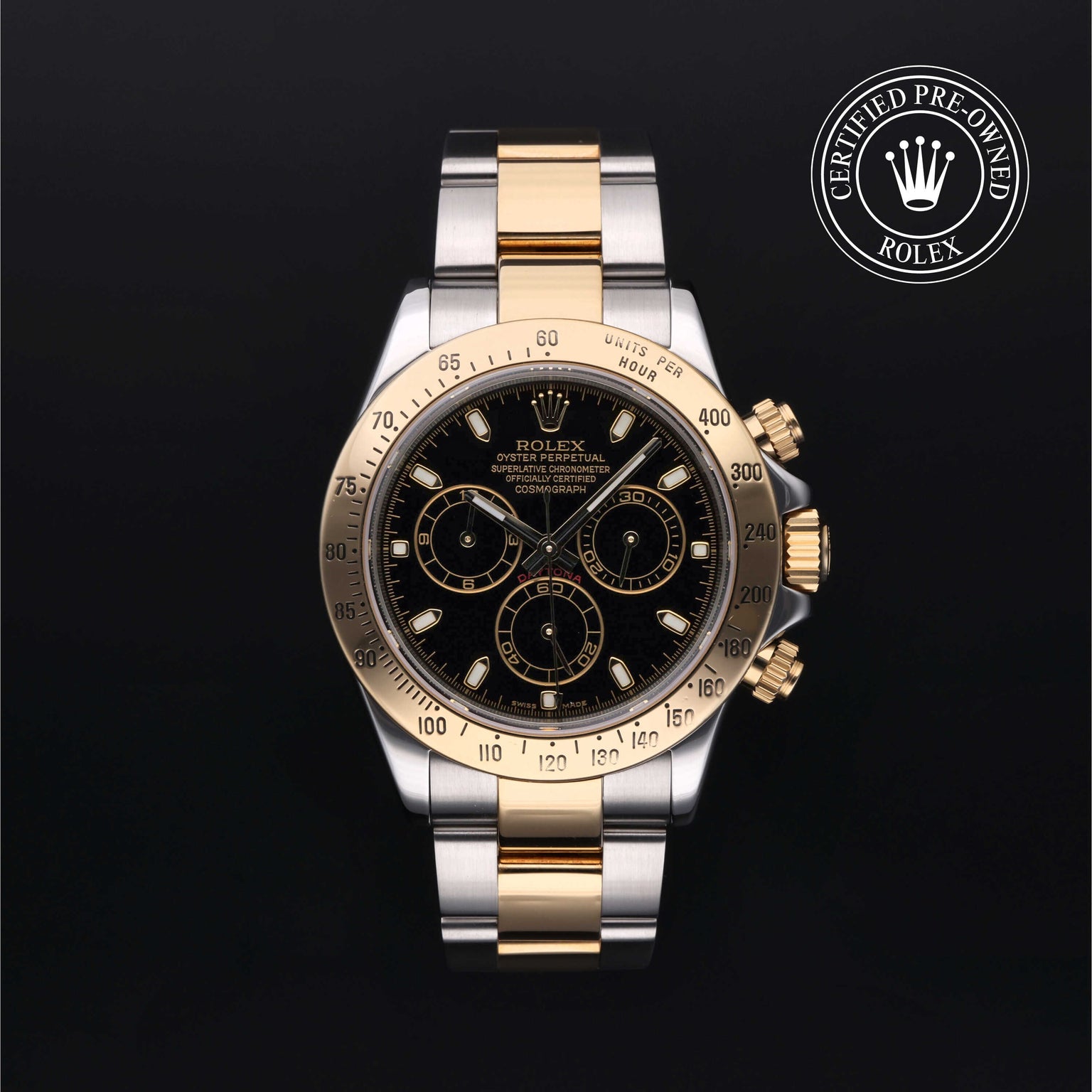 Rolex Certified Pre-owned Daytona M116523-0028 front on black background