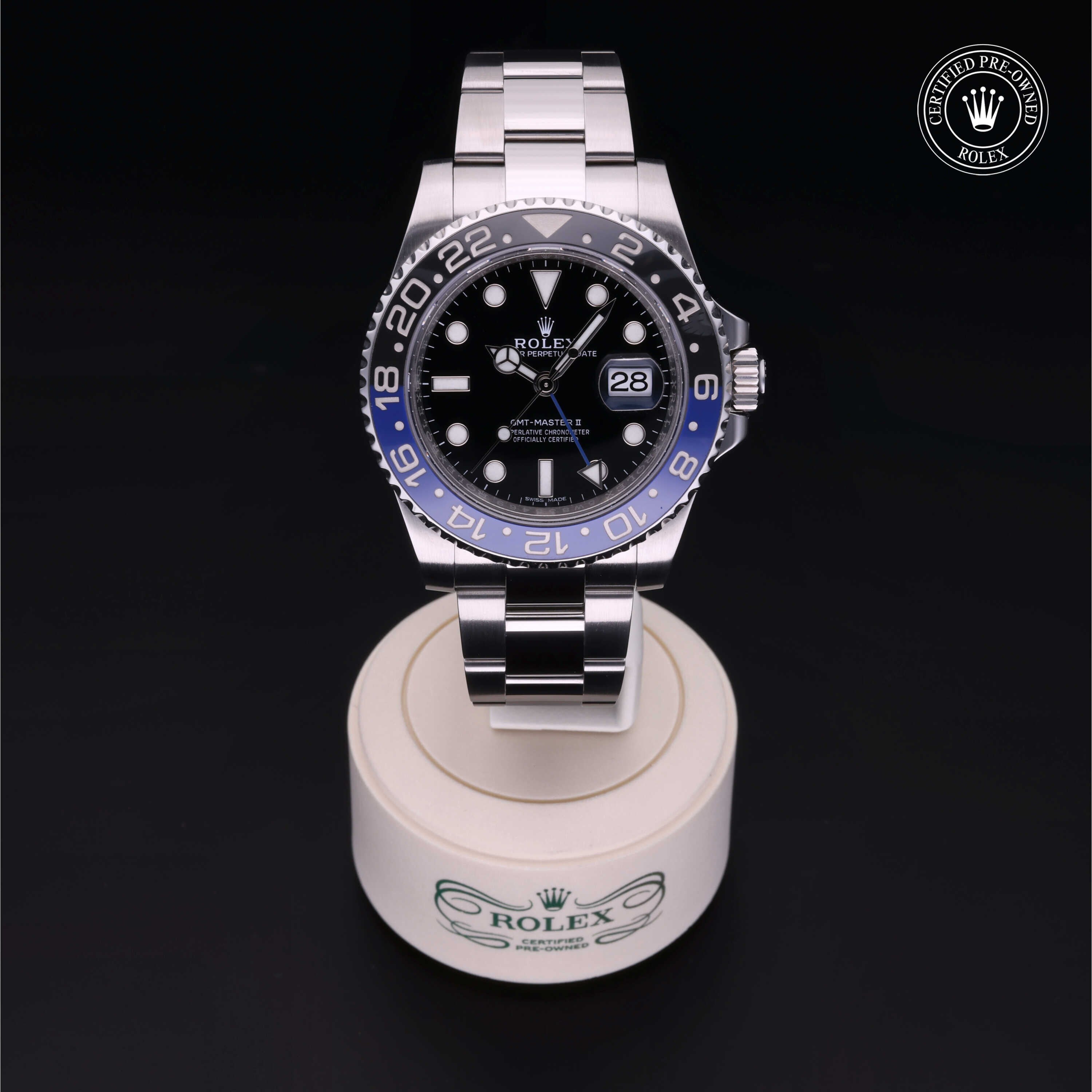 Rolex Certified Pre-owned GMT M116710BLNR-0002 front on black background