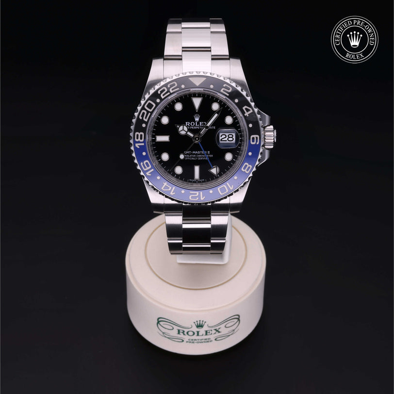 Rolex Certified Pre-owned GMT M116710BLNR-0002 front on black background
