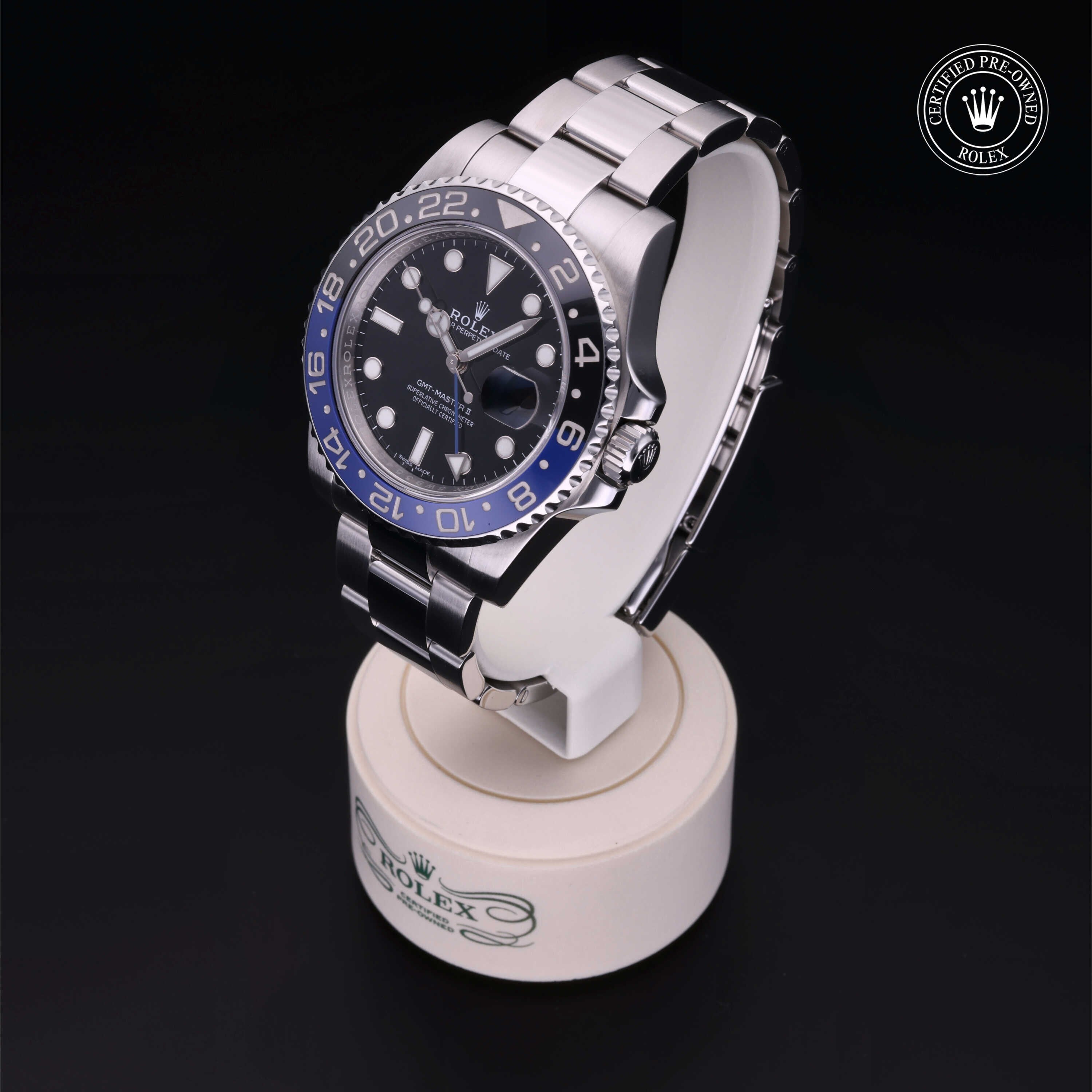 Rolex Certified Pre-owned GMT M116710BLNR-0002 front on black background