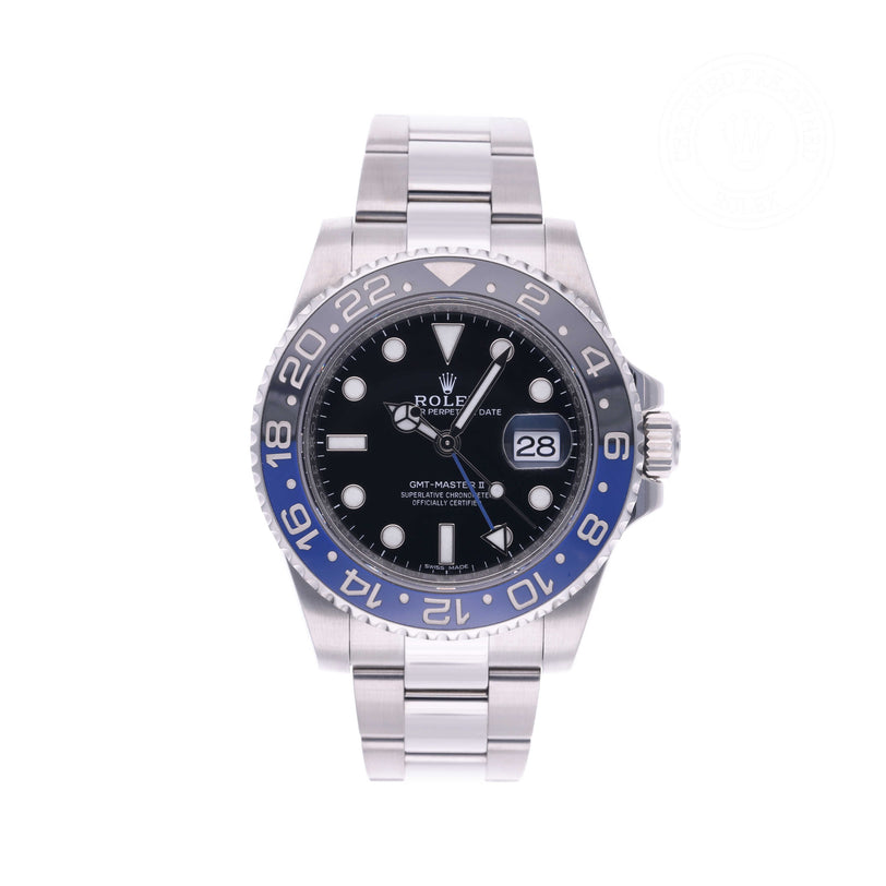 Rolex Certified Pre-owned GMT M116710BLNR-0002 front on white background