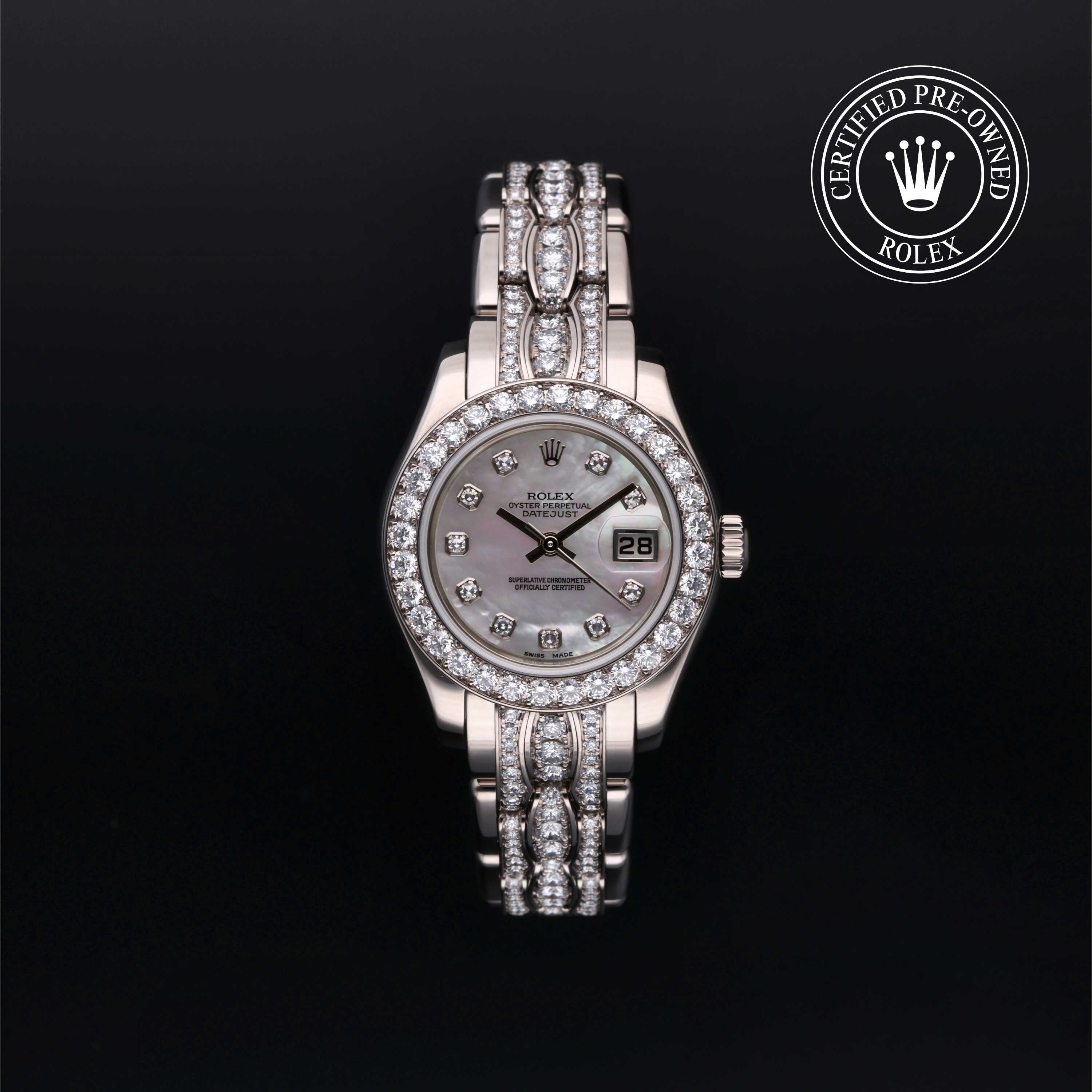 Rolex Certified Pre-owned Lady Datejust Pearlmaster M80299-0052 front on black background