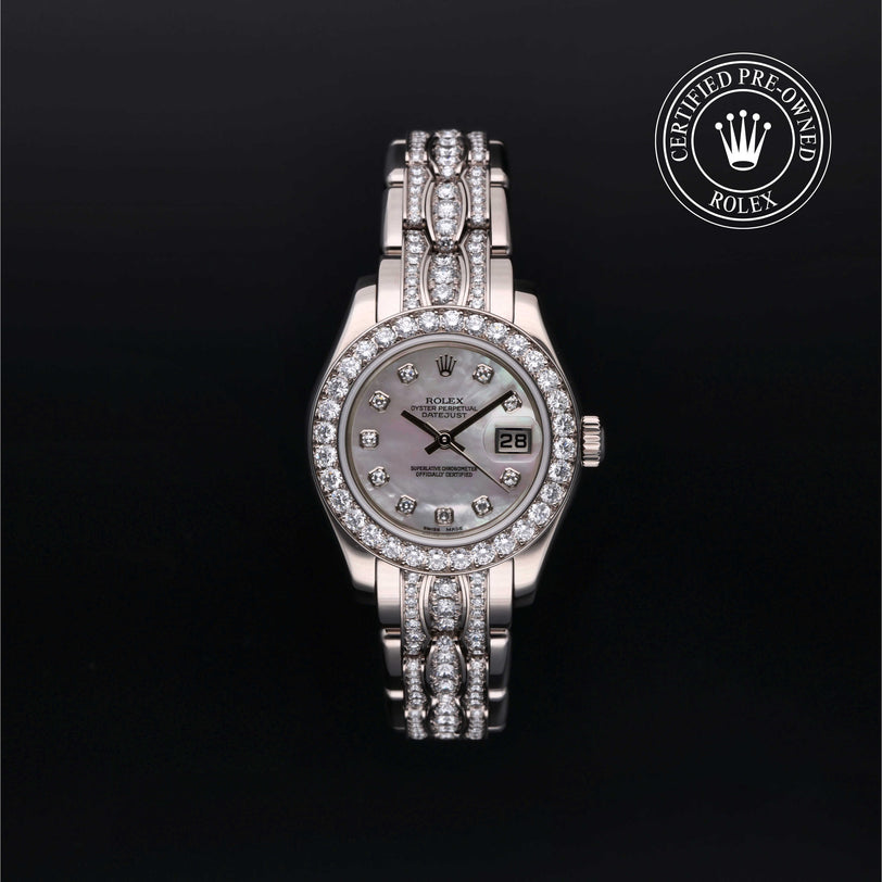 Rolex Certified Pre-owned Lady Datejust Pearlmaster M80299-0052 front on black background
