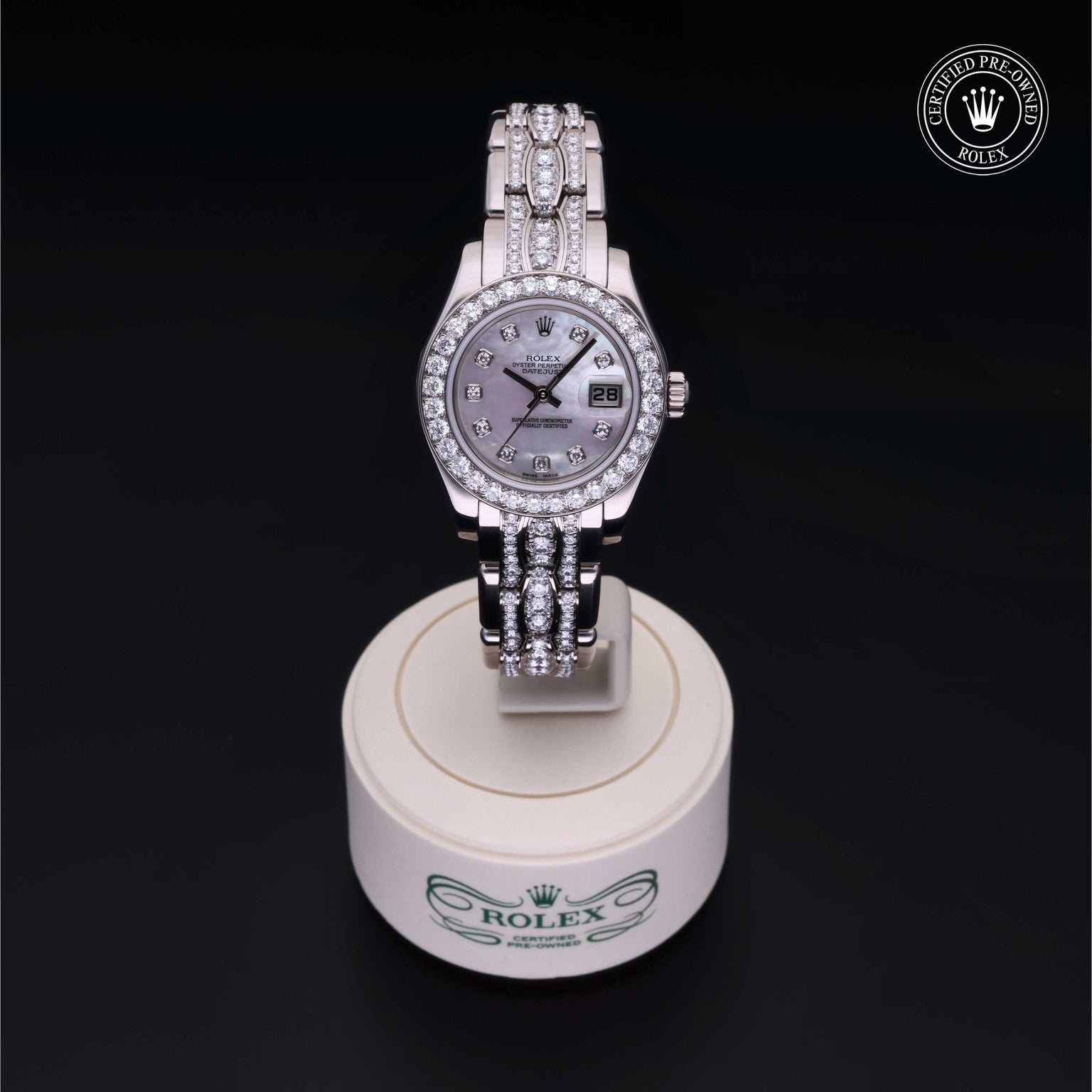 Rolex Certified Pre-owned Lady Datejust Pearlmaster M80299-0052 front on black background