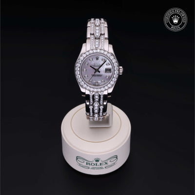 Rolex Certified Pre-owned Lady Datejust Pearlmaster M80299-0052 front on black background