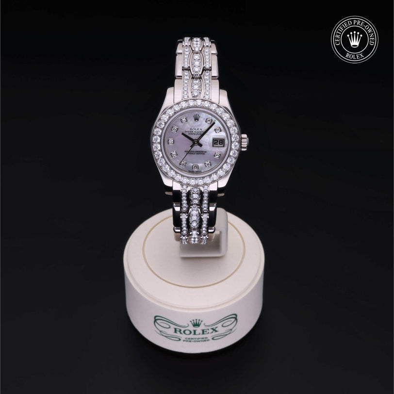 Rolex Certified Pre-owned Lady Datejust Pearlmaster M80299-0052 front on black background
