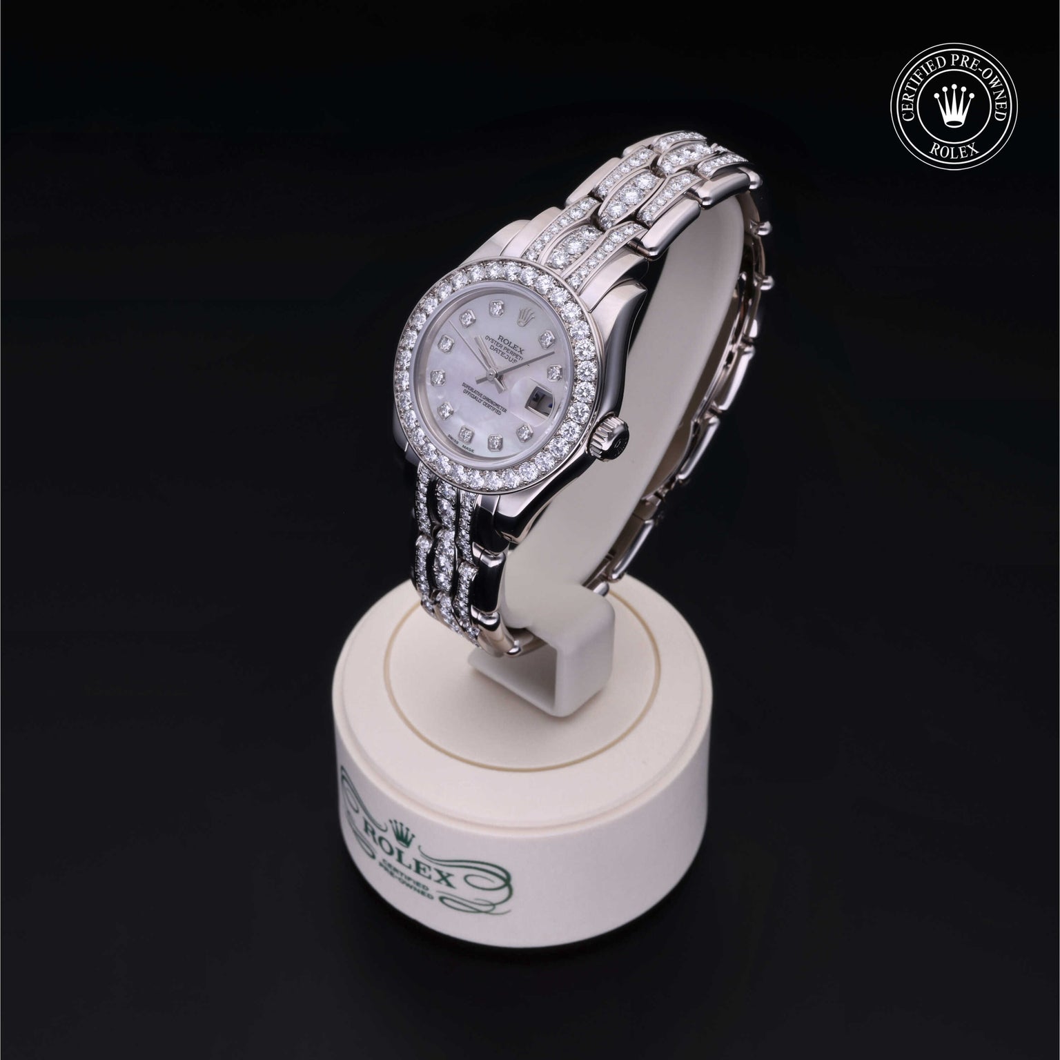 Rolex Certified Pre-owned Lady Datejust Pearlmaster M80299-0052 front on black background
