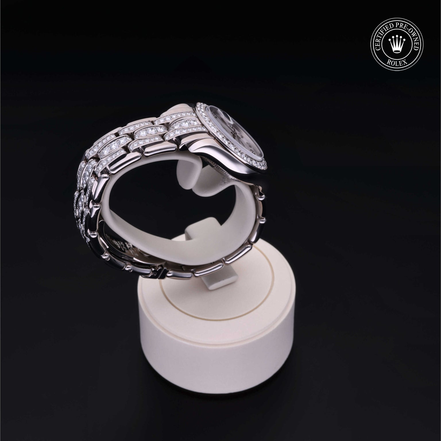 Rolex Certified Pre-owned Lady Datejust Pearlmaster M80299-0052 front on black background