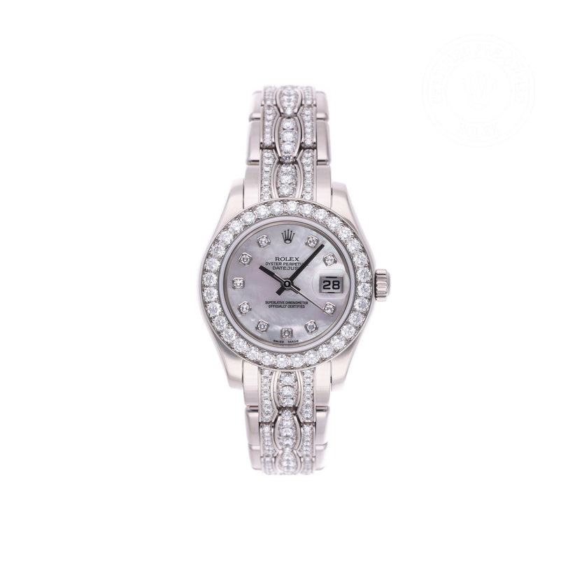 Rolex Certified Pre-owned Lady Datejust Pearlmaster M80299-0052 front on white background