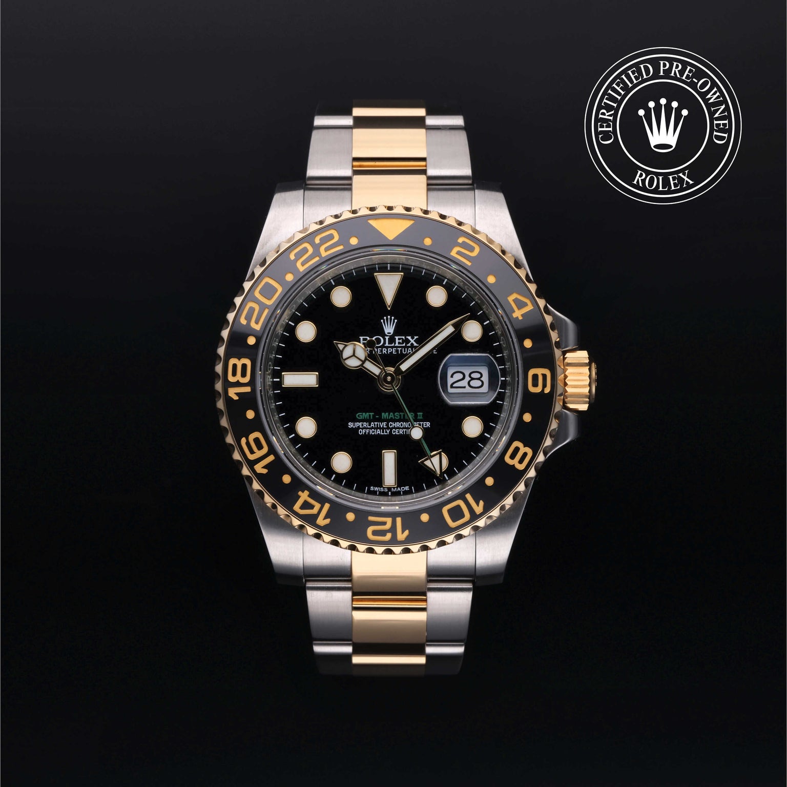 Rolex Certified Pre-owned GMT M116713LN-0001 front on black background