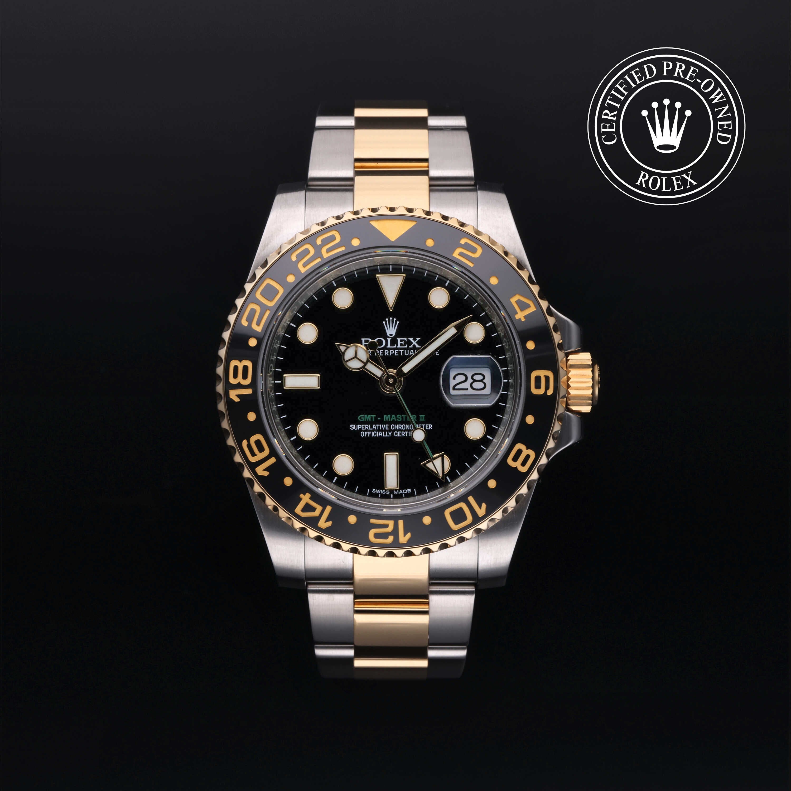 Rolex Certified Pre-owned GMT M116713LN-0001 front on black background
