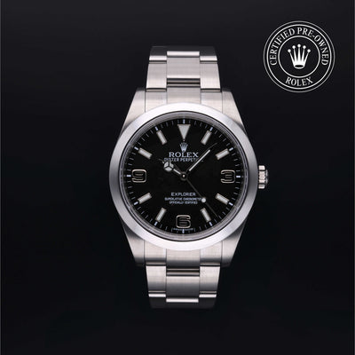 Rolex Certified Pre-owned Explorer M214270-0001 front on black background