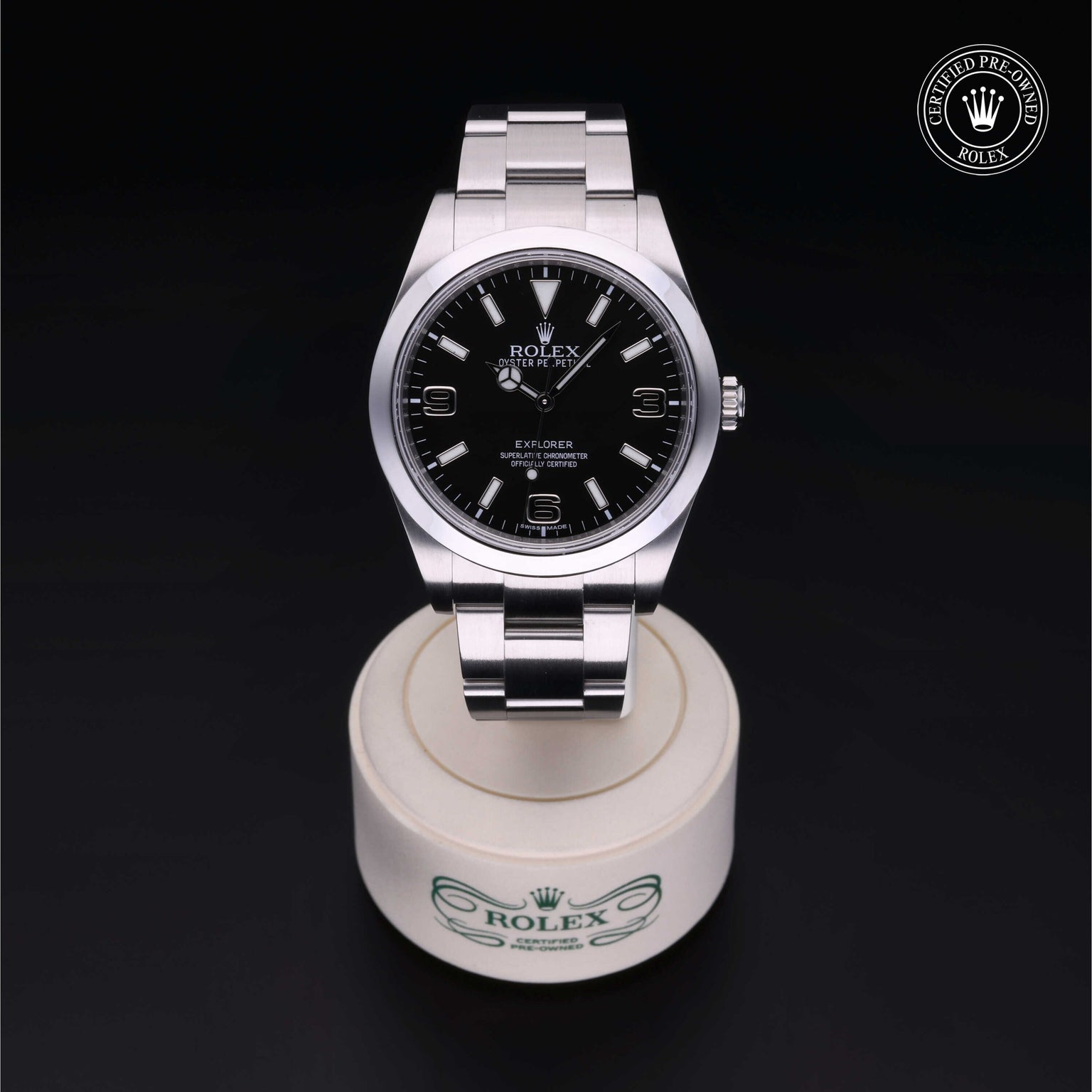 Rolex Certified Pre-owned Explorer M214270-0001 front on black background